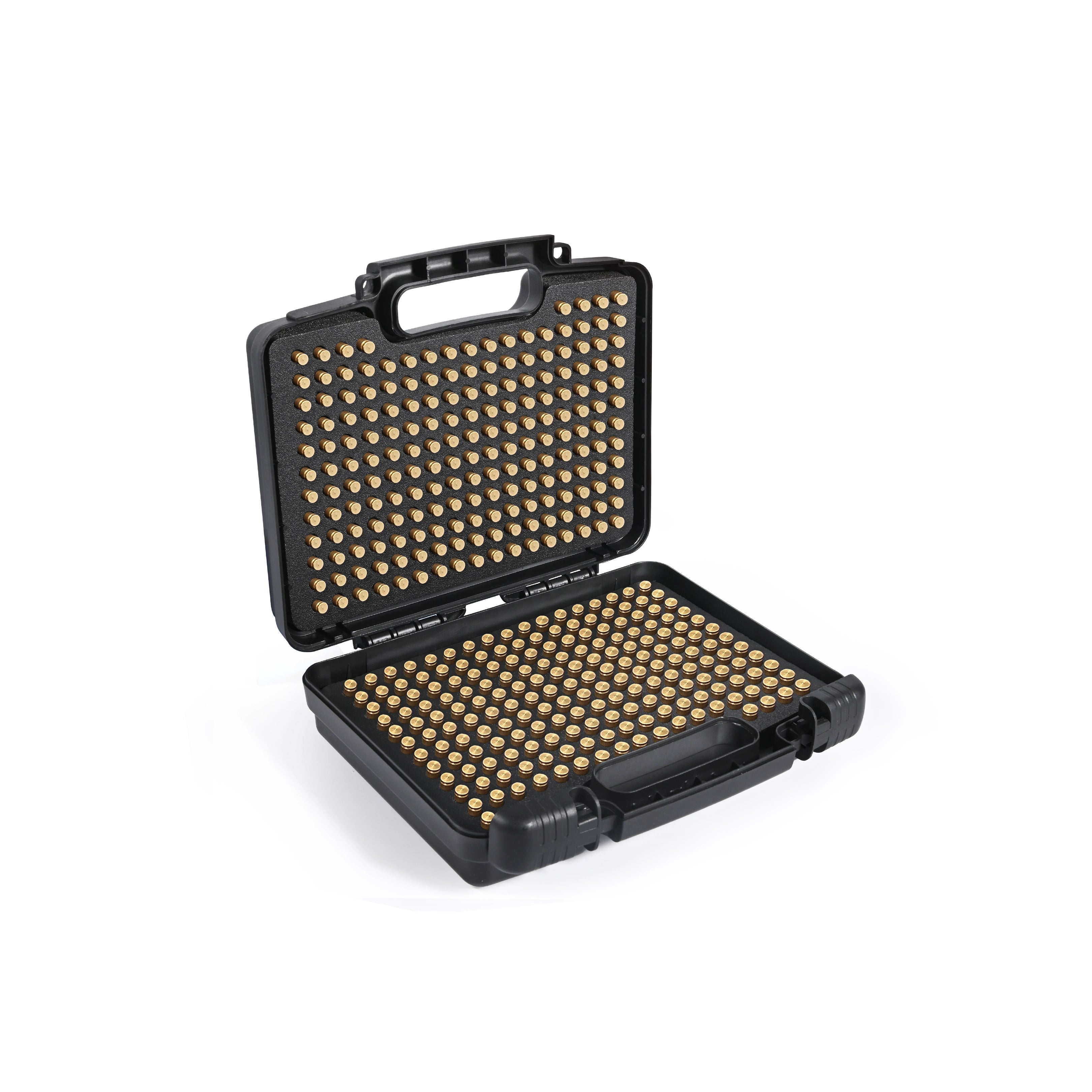 10-inch waterproof ammo case open showing high-quality protective foam liner precision-cut for 9mm rounds.