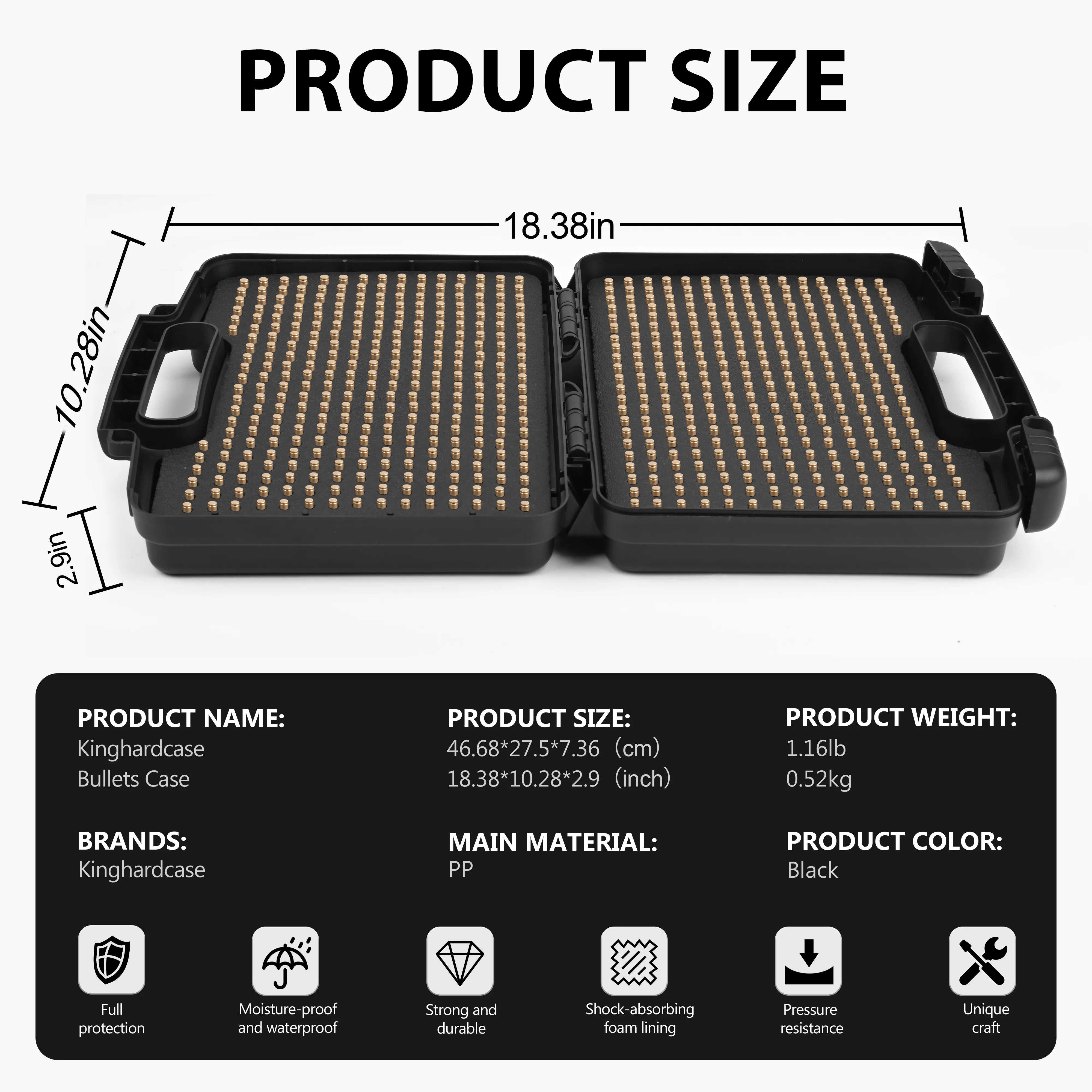 Detailed specifications and features for the KINGHARDCASE 10-inch 22LR waterproof weapon case.