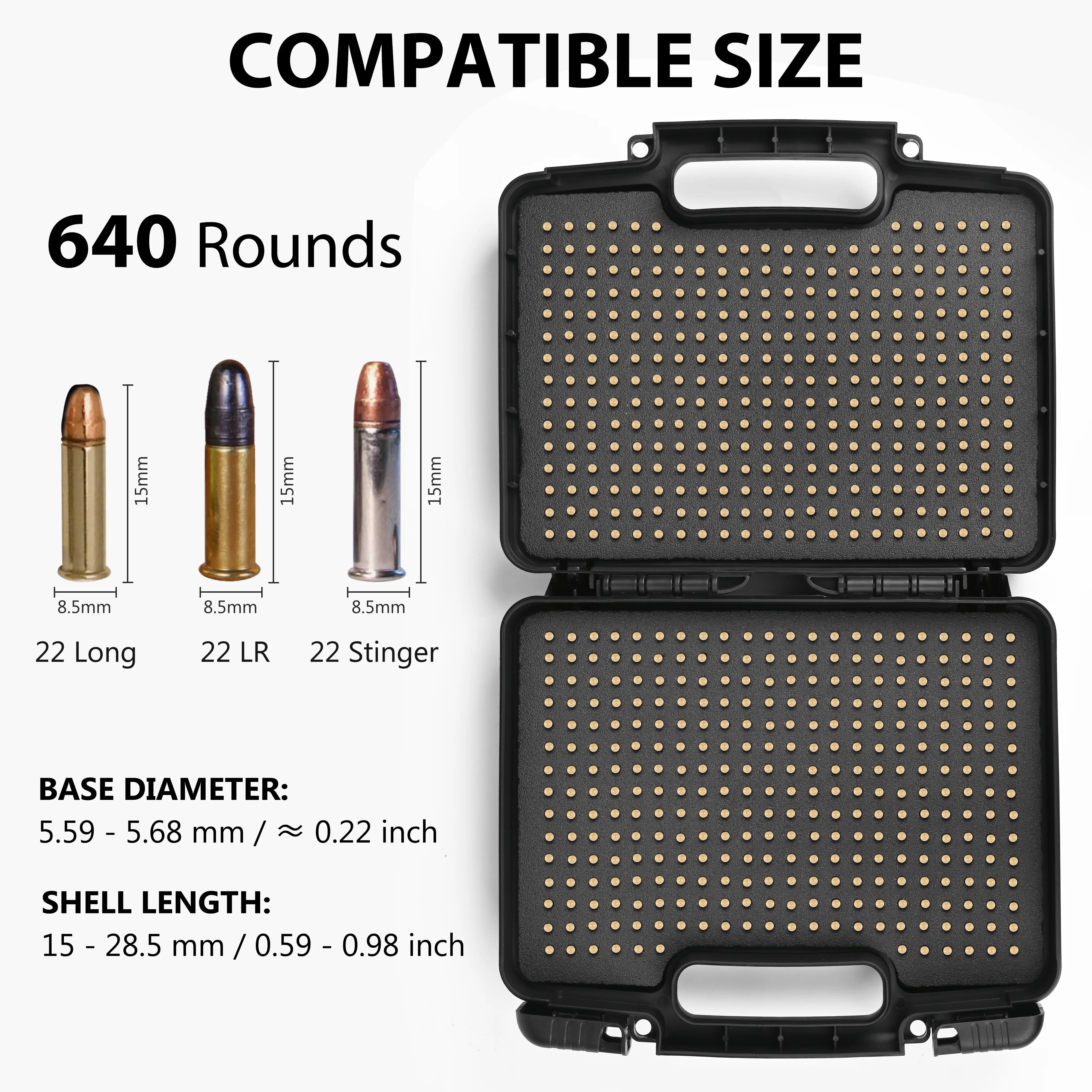 Compatible size guide showing the ultra high-capacity waterproof ammo case designed to hold 640 rounds of 22 Long Rifle ammunition.