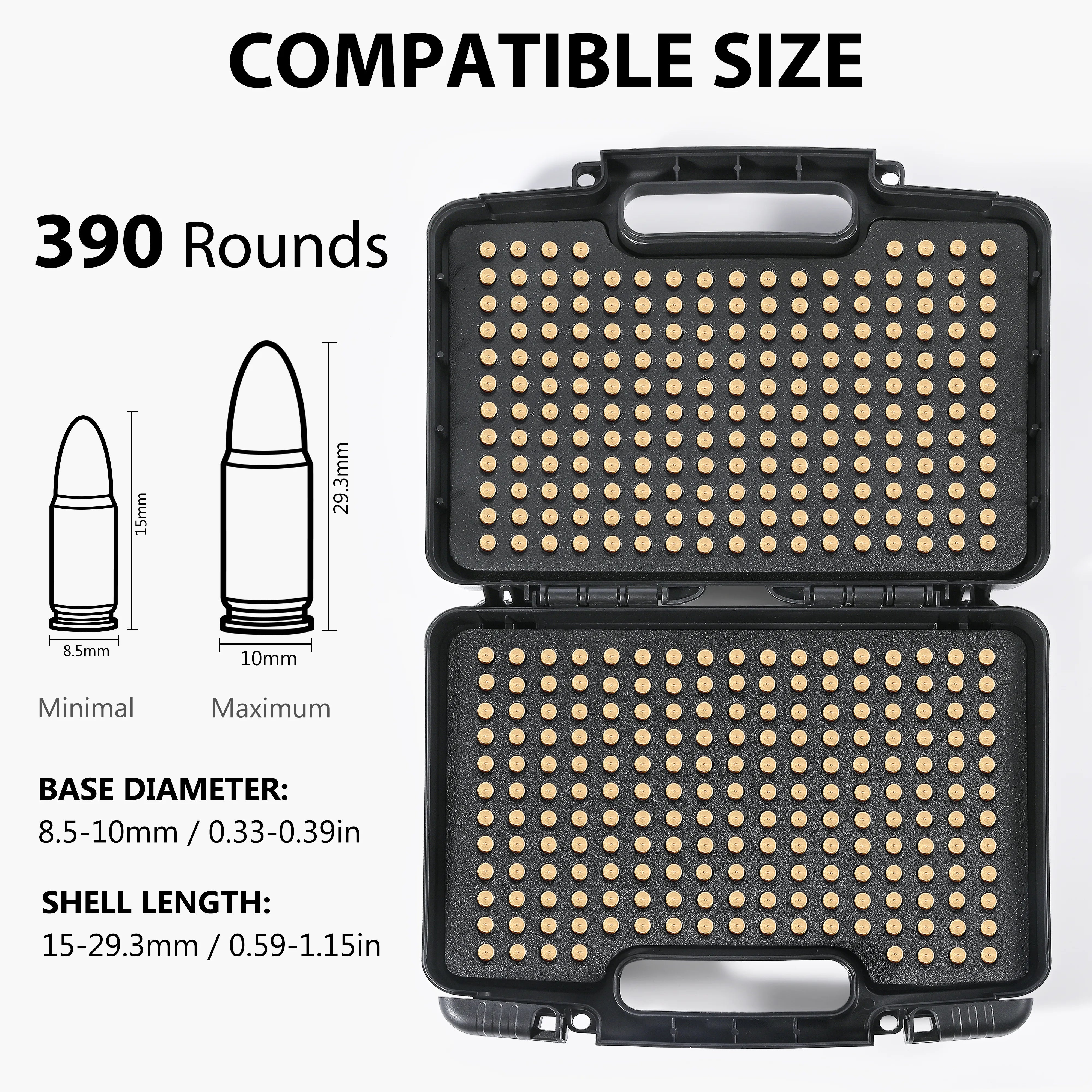 Compatible size guide showing the high-capacity waterproof ammo case designed for 390 rounds of 9mm ammunition.