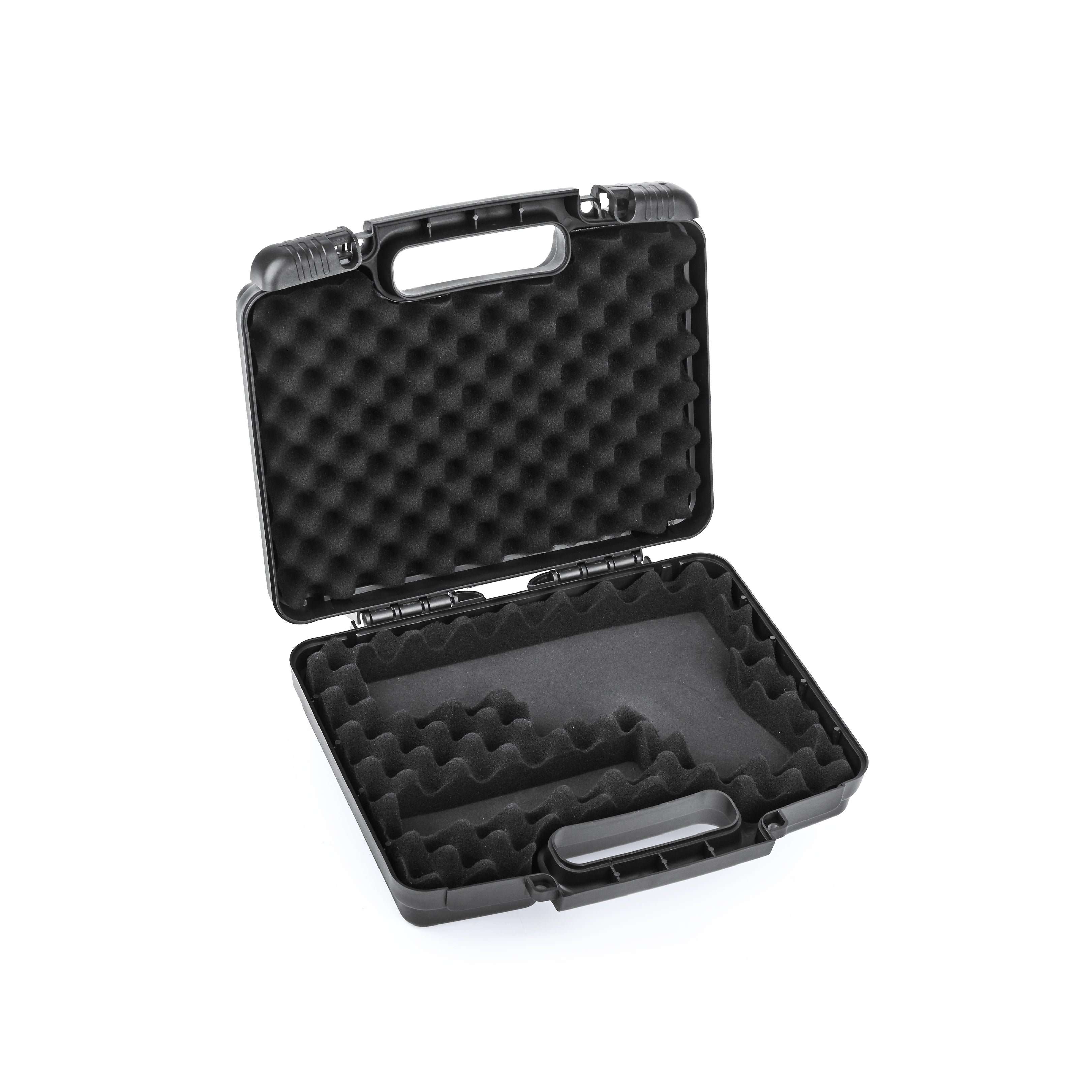 10-inch black waterproof weapon case open, showing a high-quality pre-cut foam liner designed for a precise firearm fit.