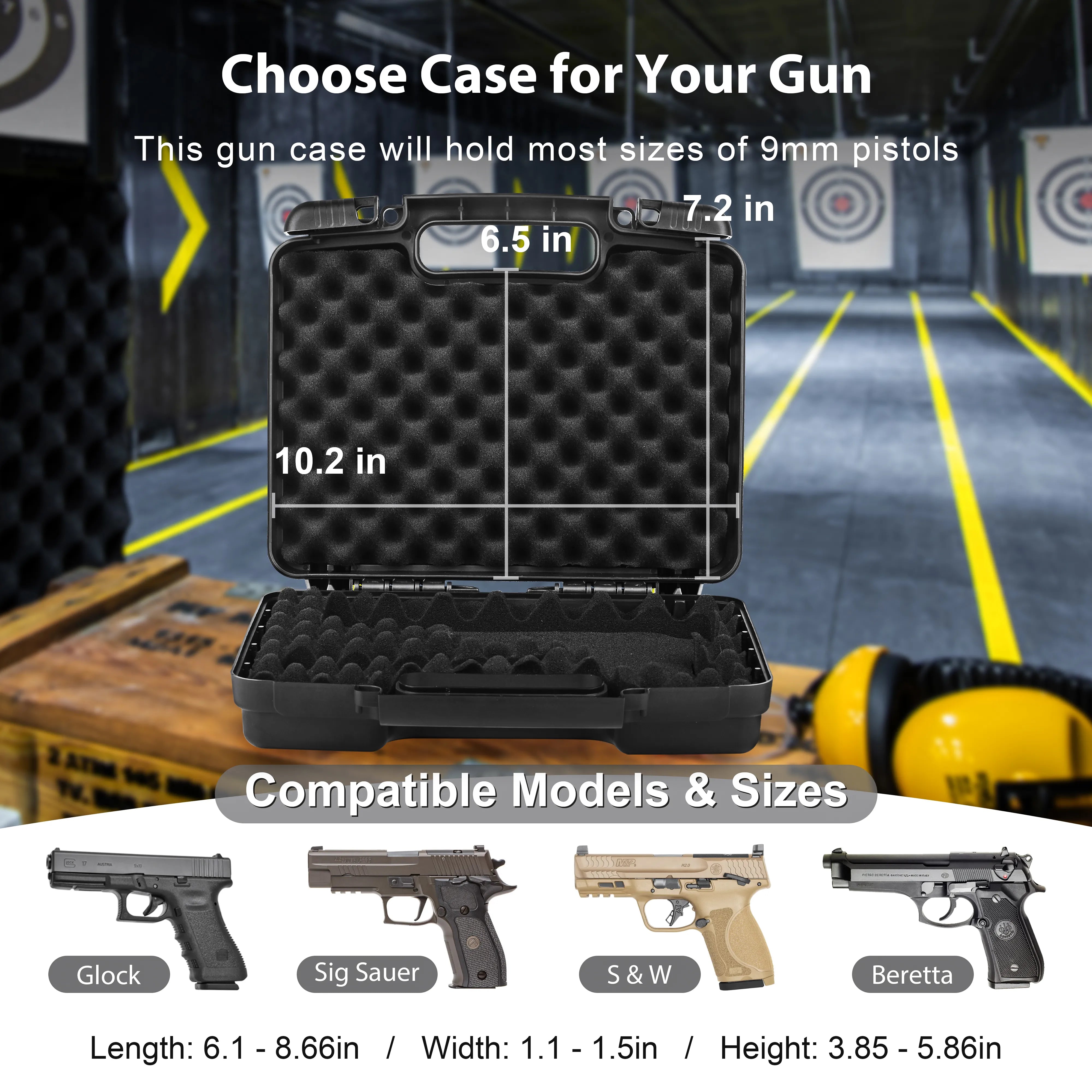 Handgun compatibility guide for the 10-inch waterproof weapon case, ideal for secure transport to the shooting range.