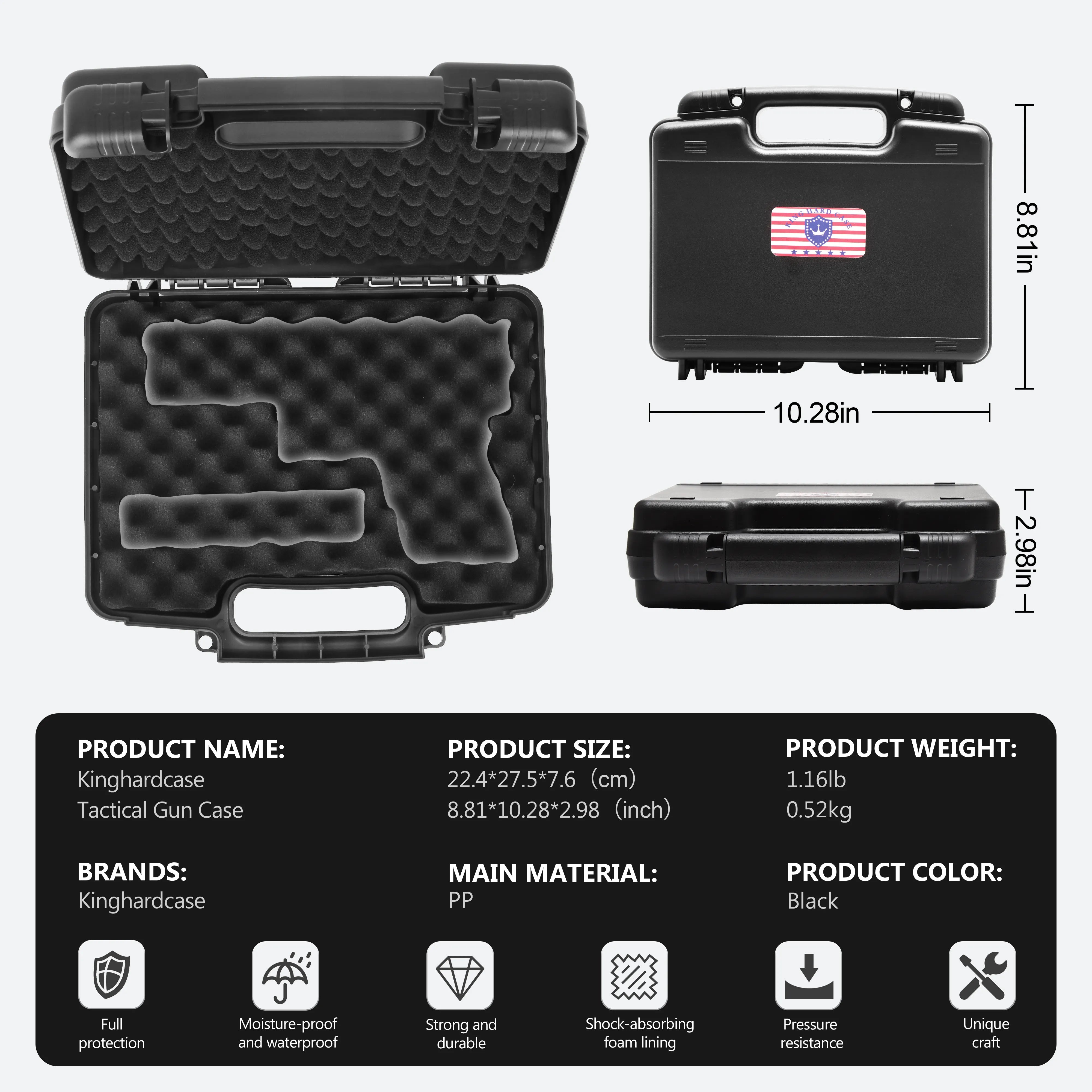 Detailed specifications and features of the 10-inch waterproof weapon case, highlighting its IP54 rating and direct access pre-cut liner.