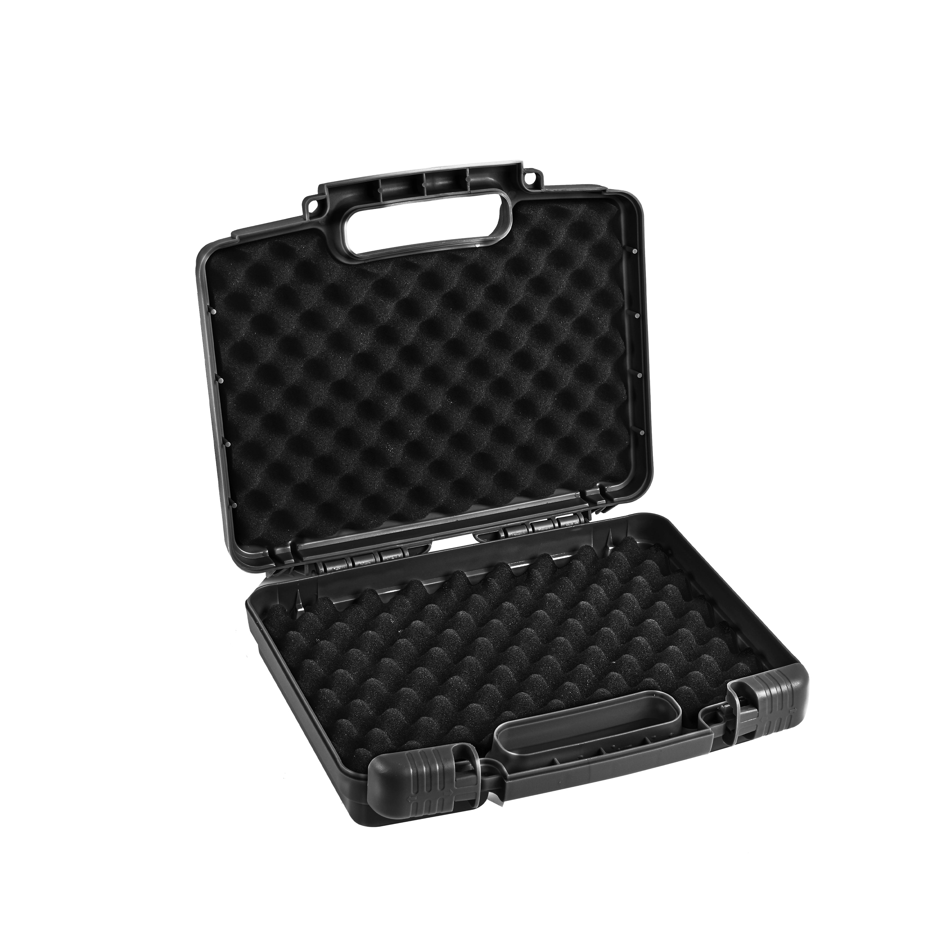 10-inch black waterproof weapon case open, showing high-quality egg-crate foam liner for effective and versatile cushioning.