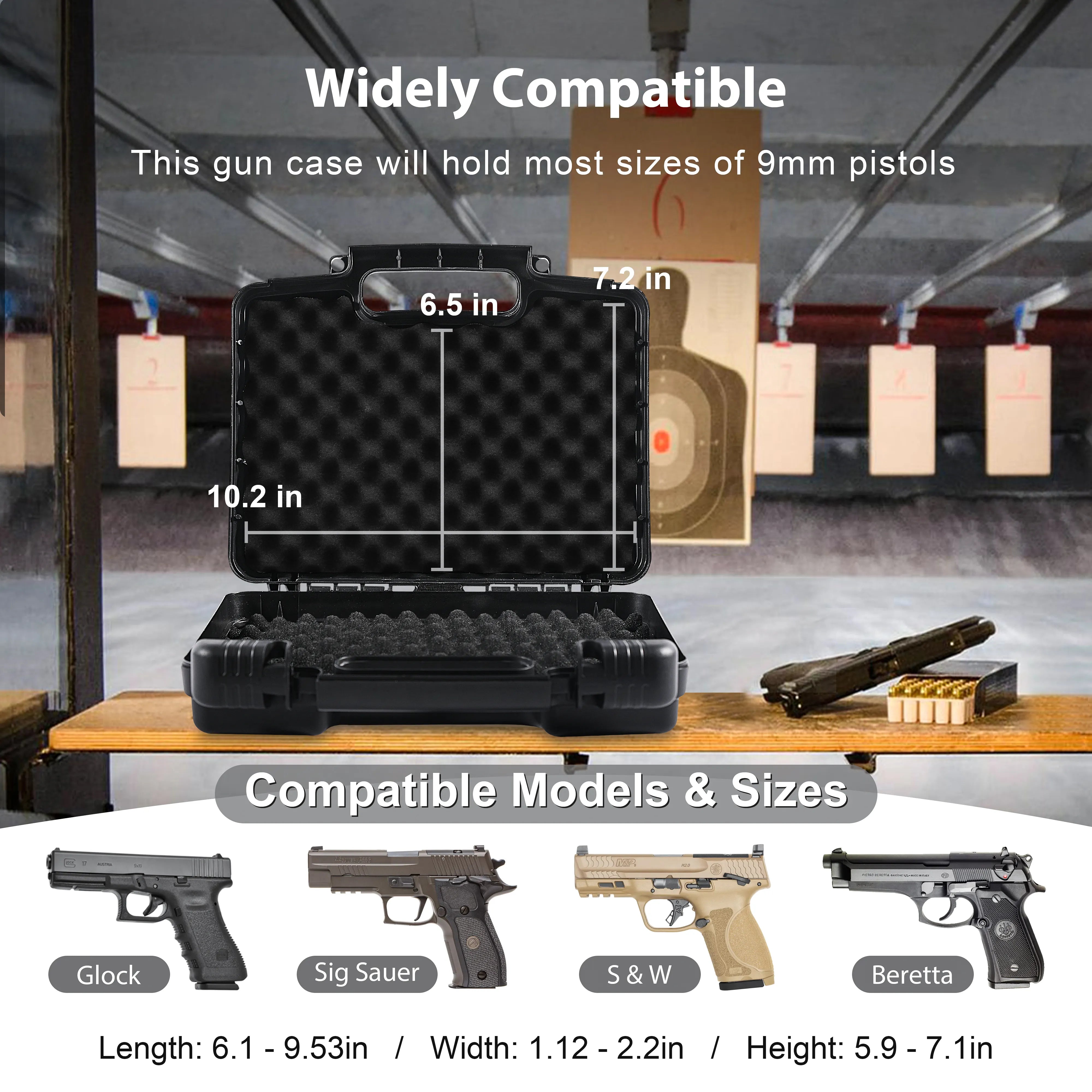 Wide compatibility guide for the 10-inch waterproof weapon case, showing universal fit for various handgun models at the shooting range.