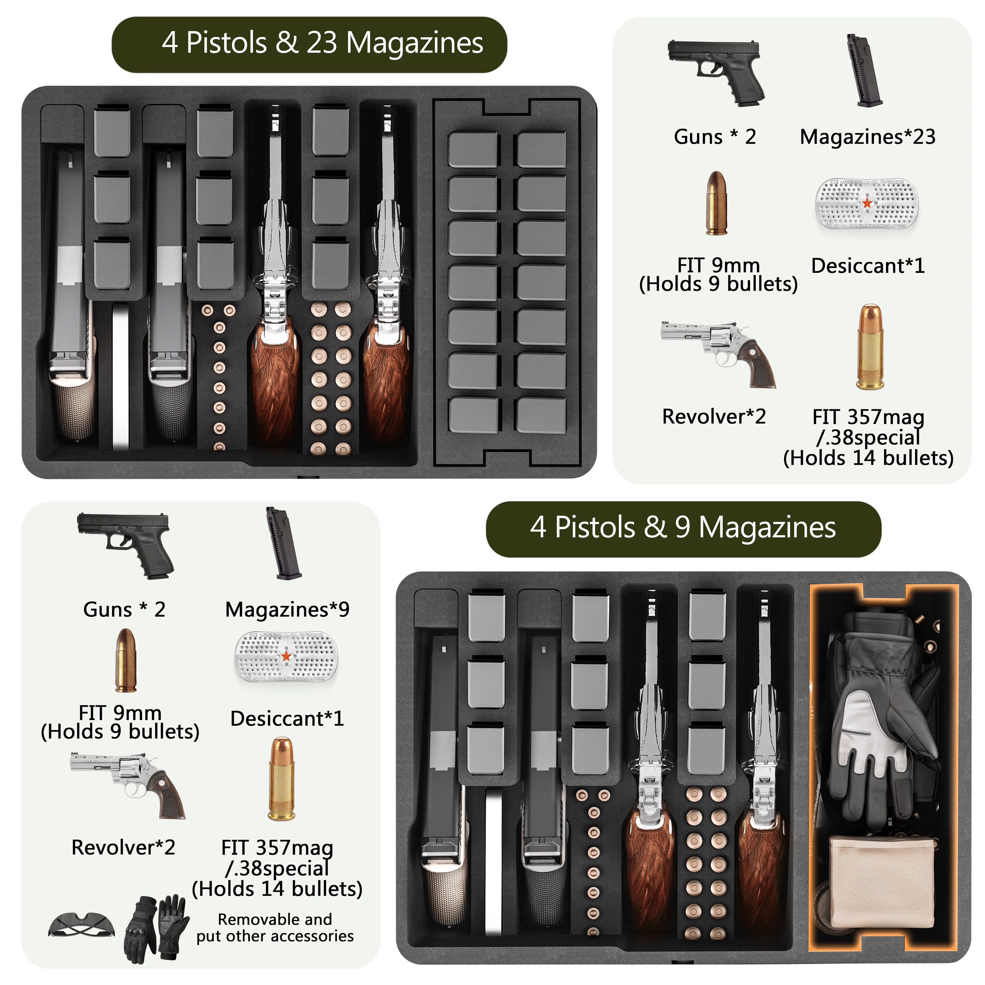 Diagram illustrating multiple storage methods within the 16-inch case, accommodating 4 pistols, 23 magazines, and various shooting accessories.