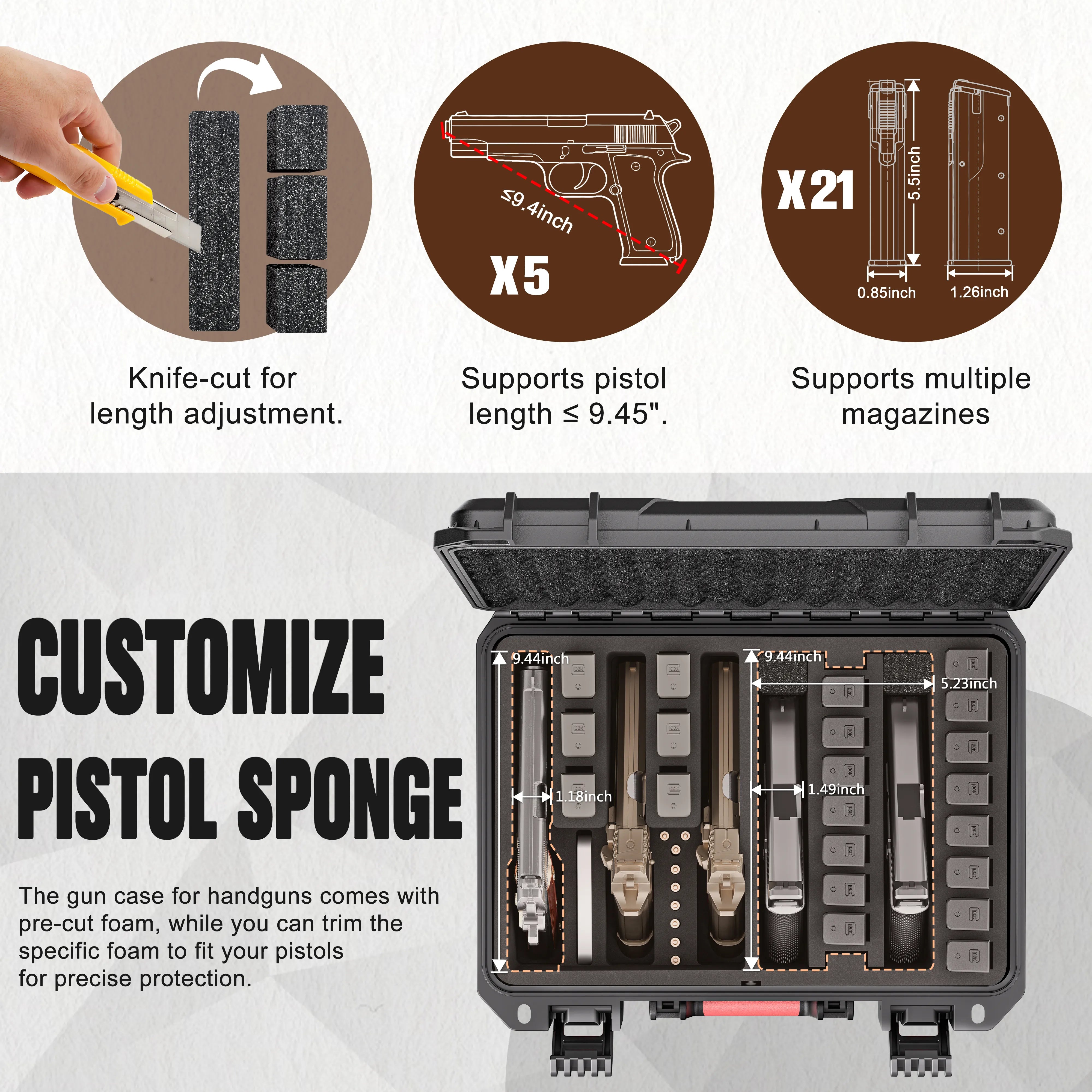 16" 5 Pistol Case & 21 Magazine Pre-Cut Combo Set