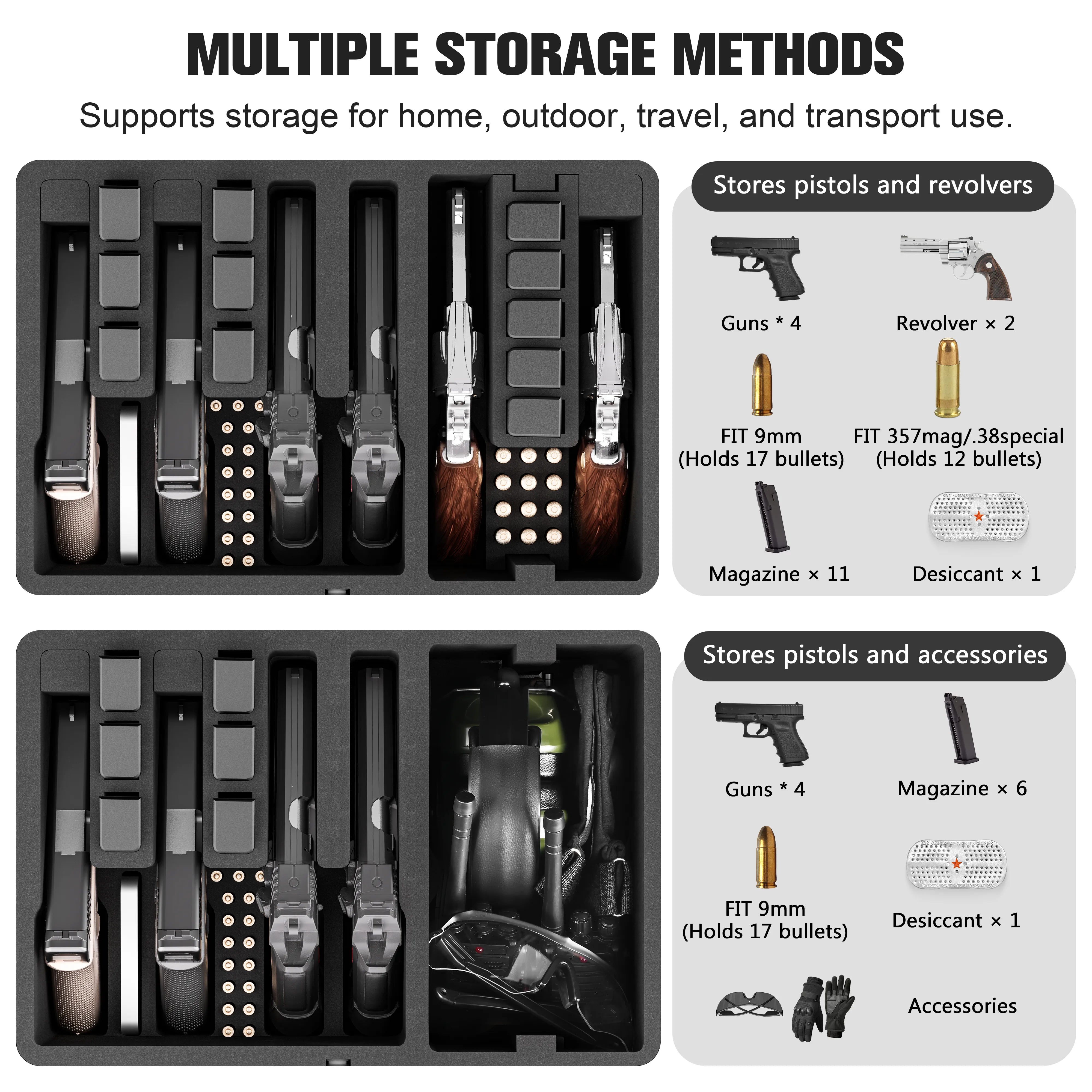 Diagram illustrating multiple storage methods, showing how the removable DIY module accommodates accessories like noise-canceling headphones and goggles.