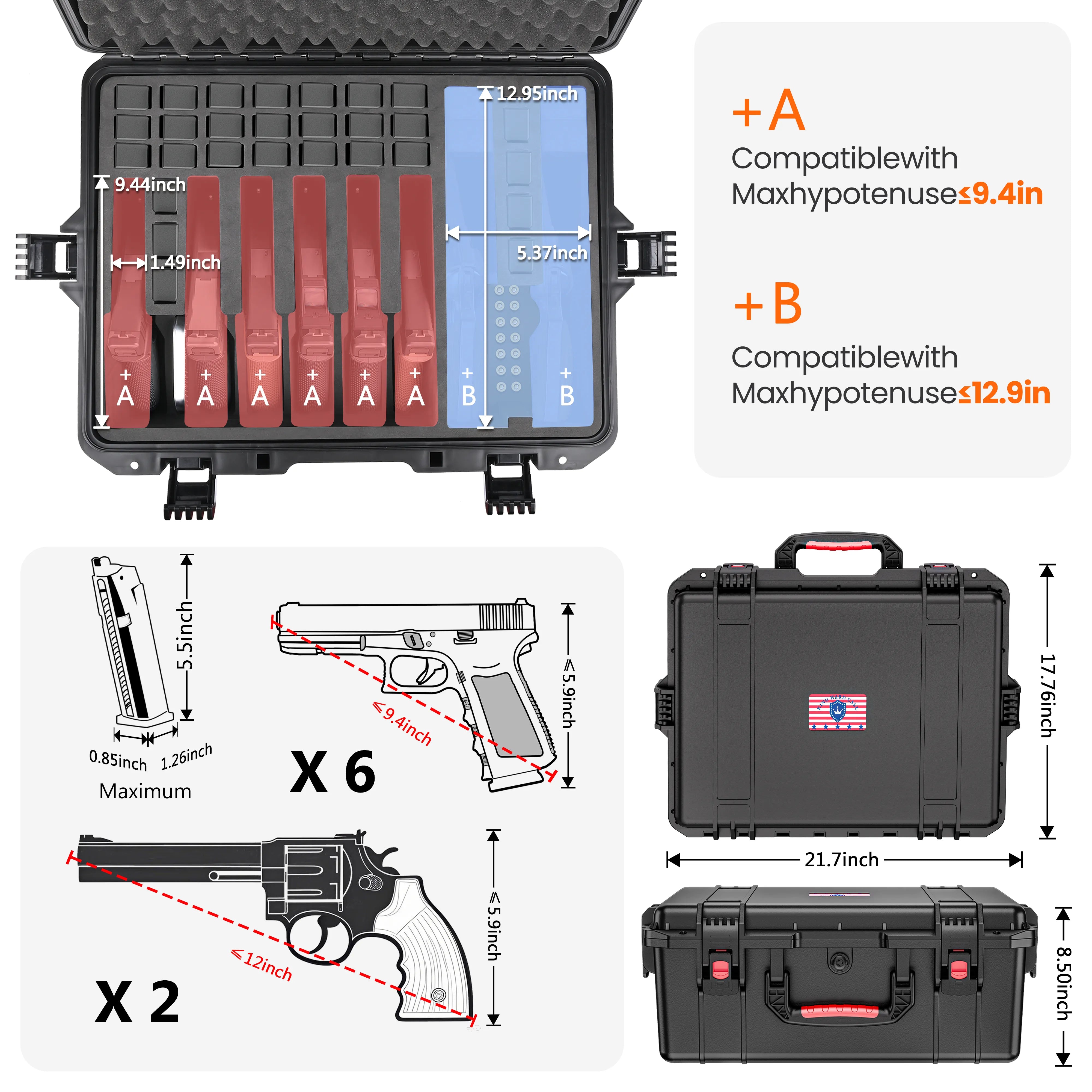 Compatible size range guide for the 21-inch pre-cut pistol case, detailing length requirements for various handguns and revolvers.