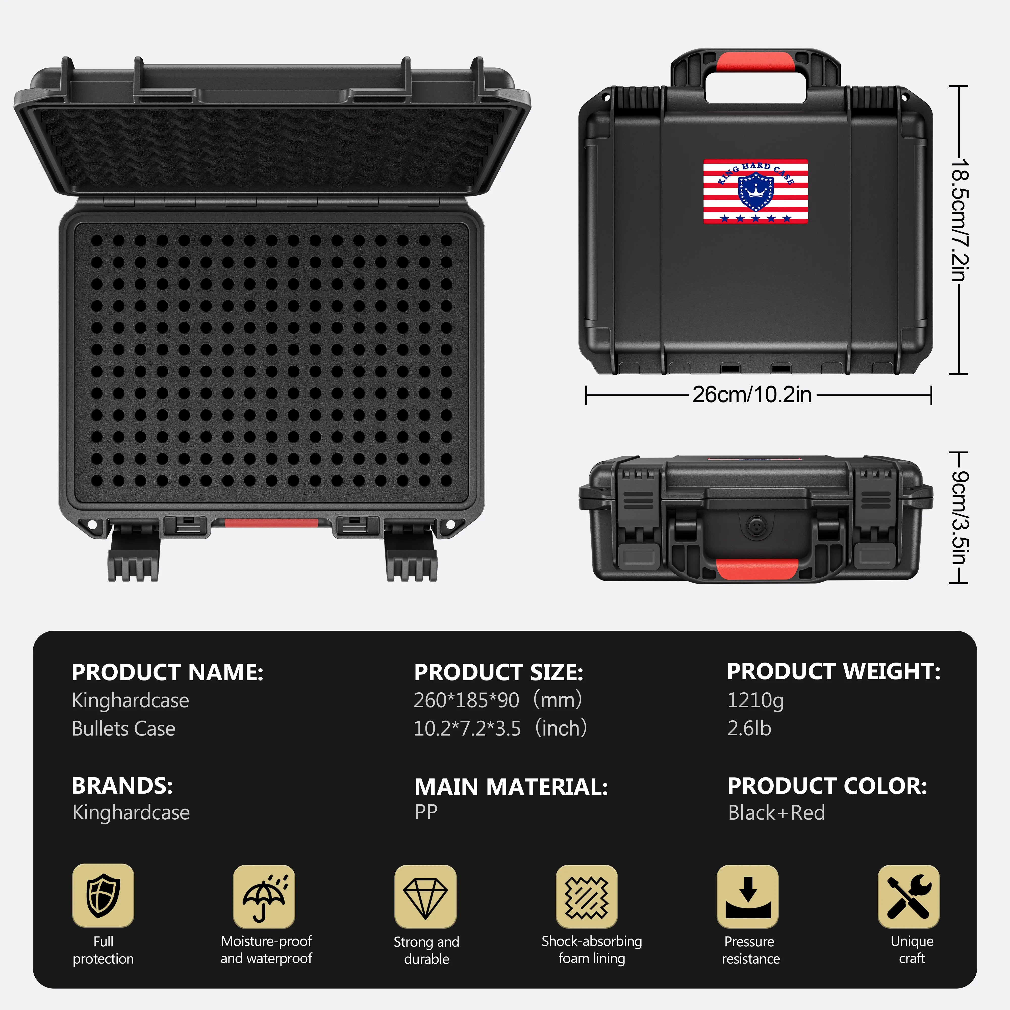 Detailed specifications and features for the KINGHARDCASE 11-inch 5.56 waterproof weapon case holding 200 rounds.