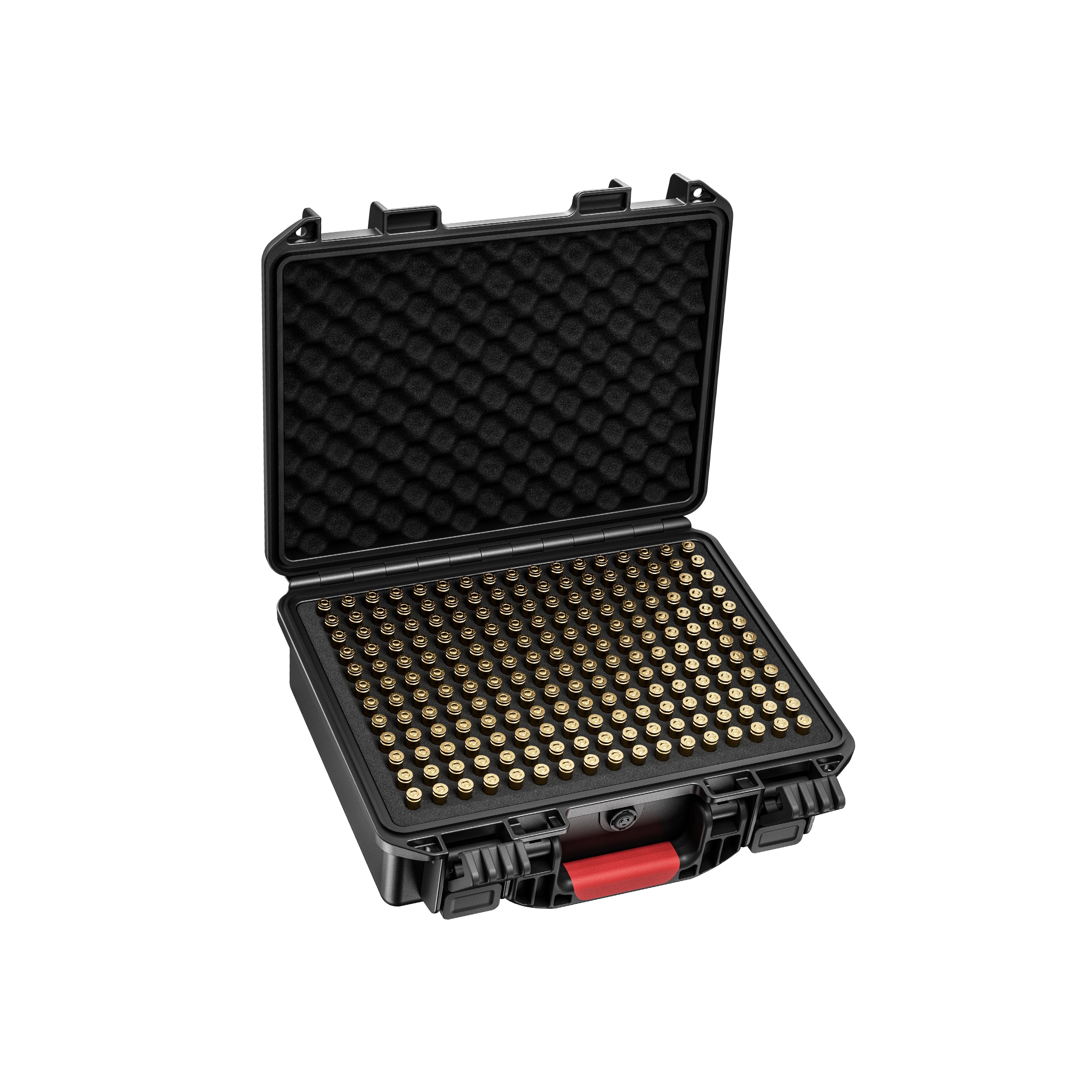 Angled view of the shockproof 11-inch 5.56 waterproof ammo case, showing effective all-around protection for bullets.
