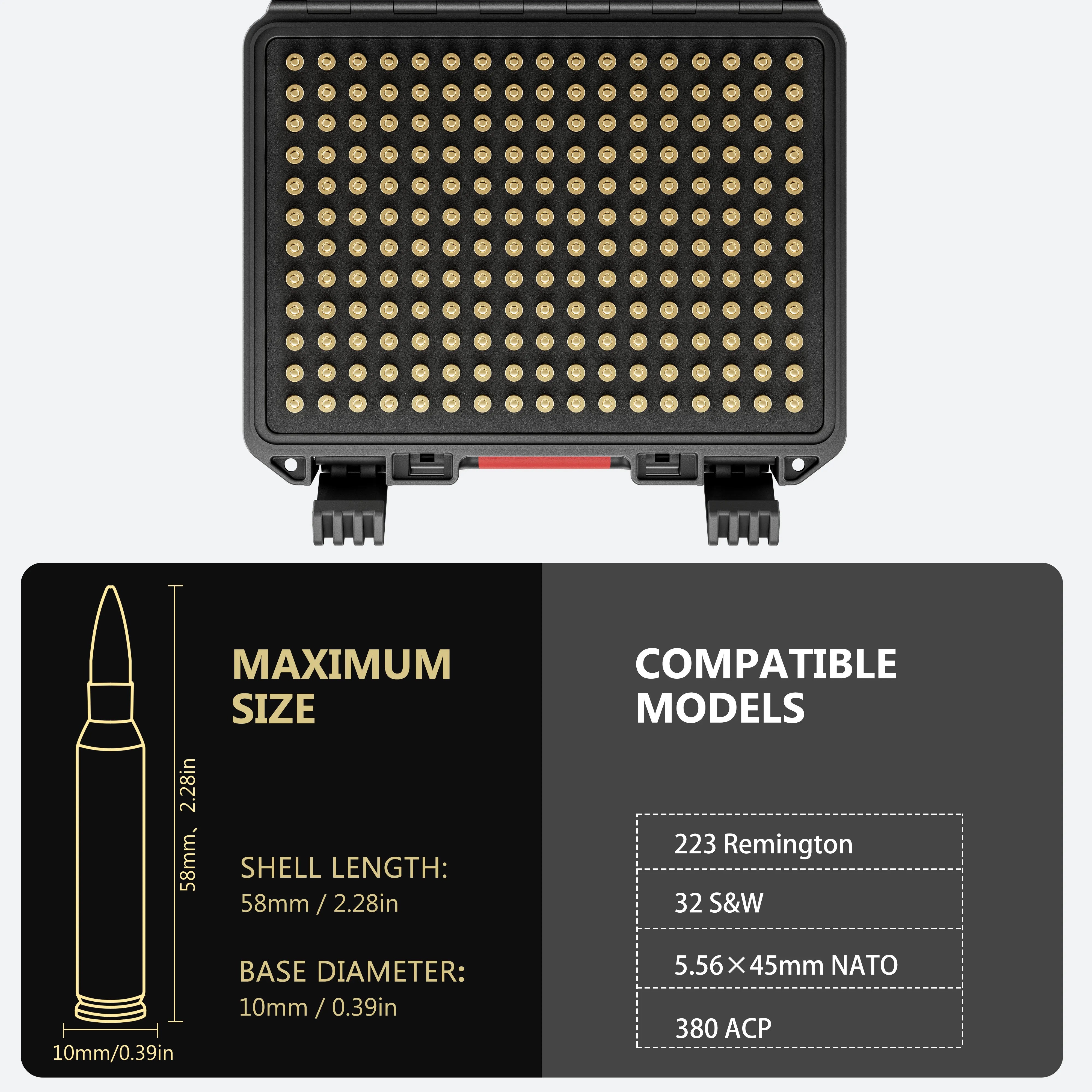 Bullet shell length limit and compatibility chart for the 11-inch 5.56 waterproof ammo case.