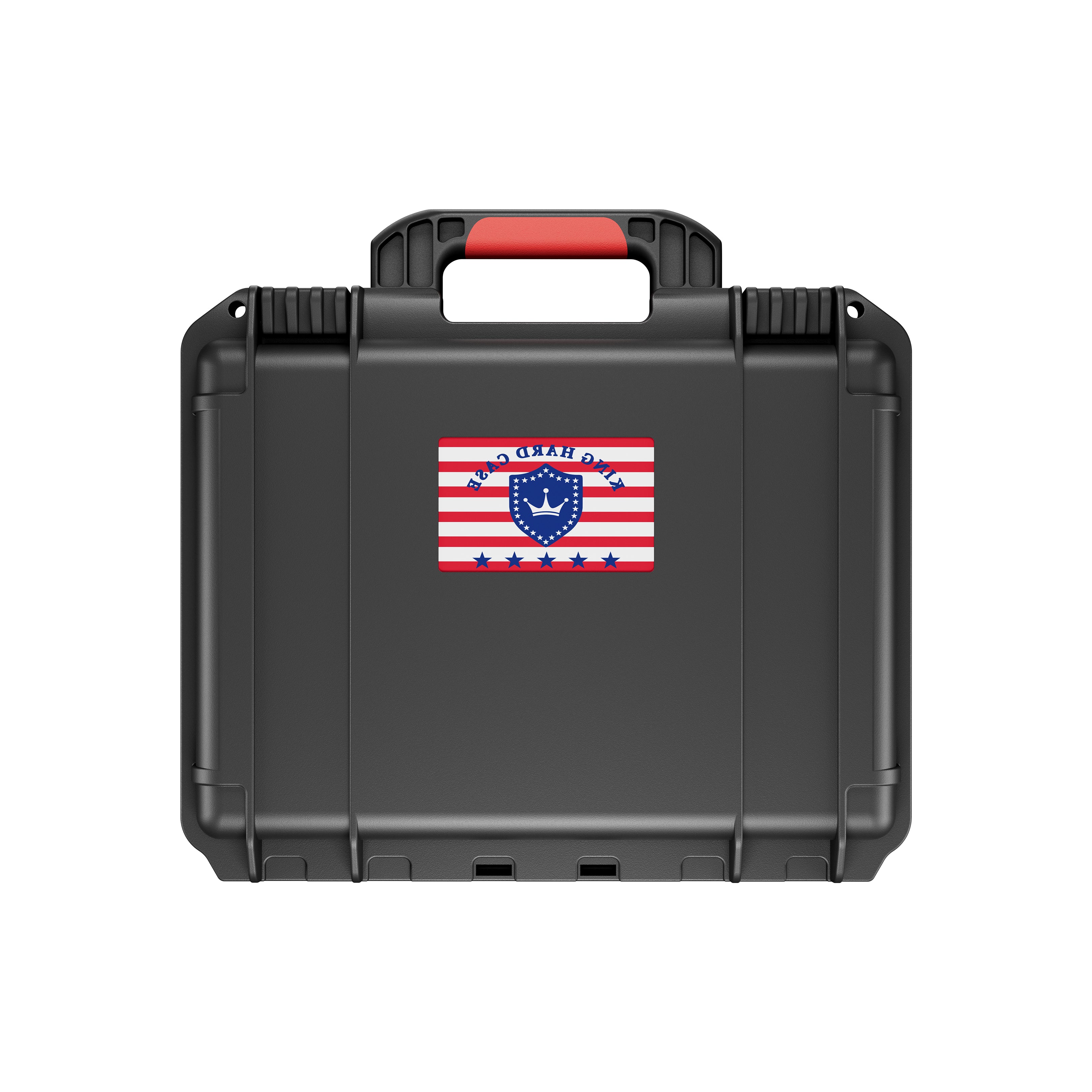 Front view of the 11-inch 9mm hard shell weapon case by KINGHARDCASE, highlighting the red handle and anti-collision exterior.