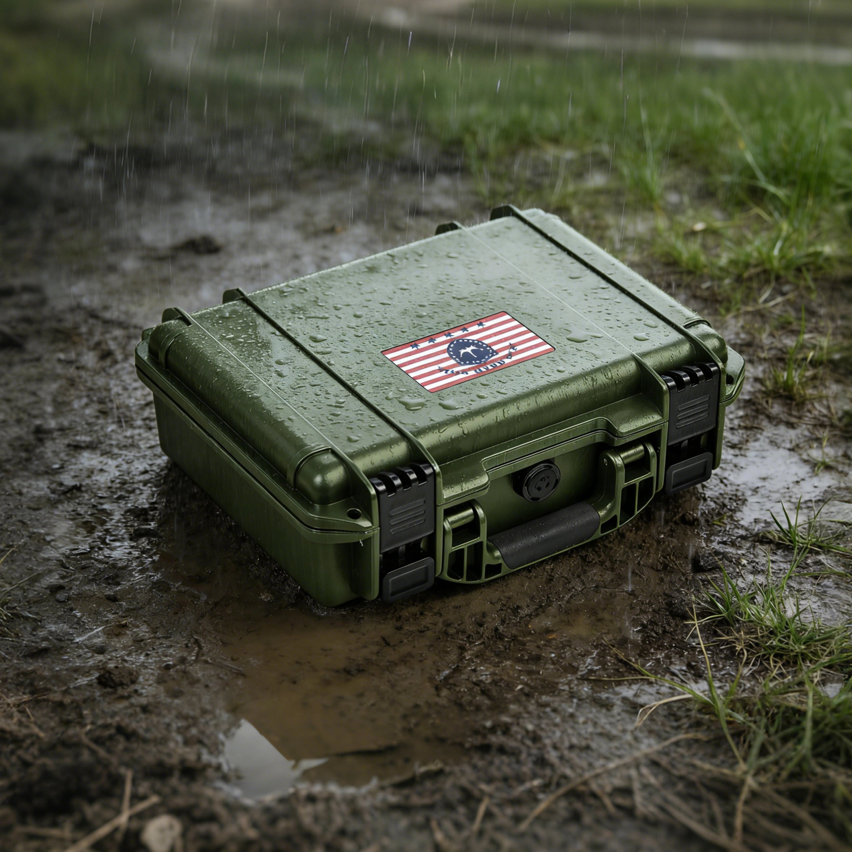 Military green waterproof ammo case sitting in a muddy puddle, demonstrating extreme IP67 water resistance and anti-collision design.