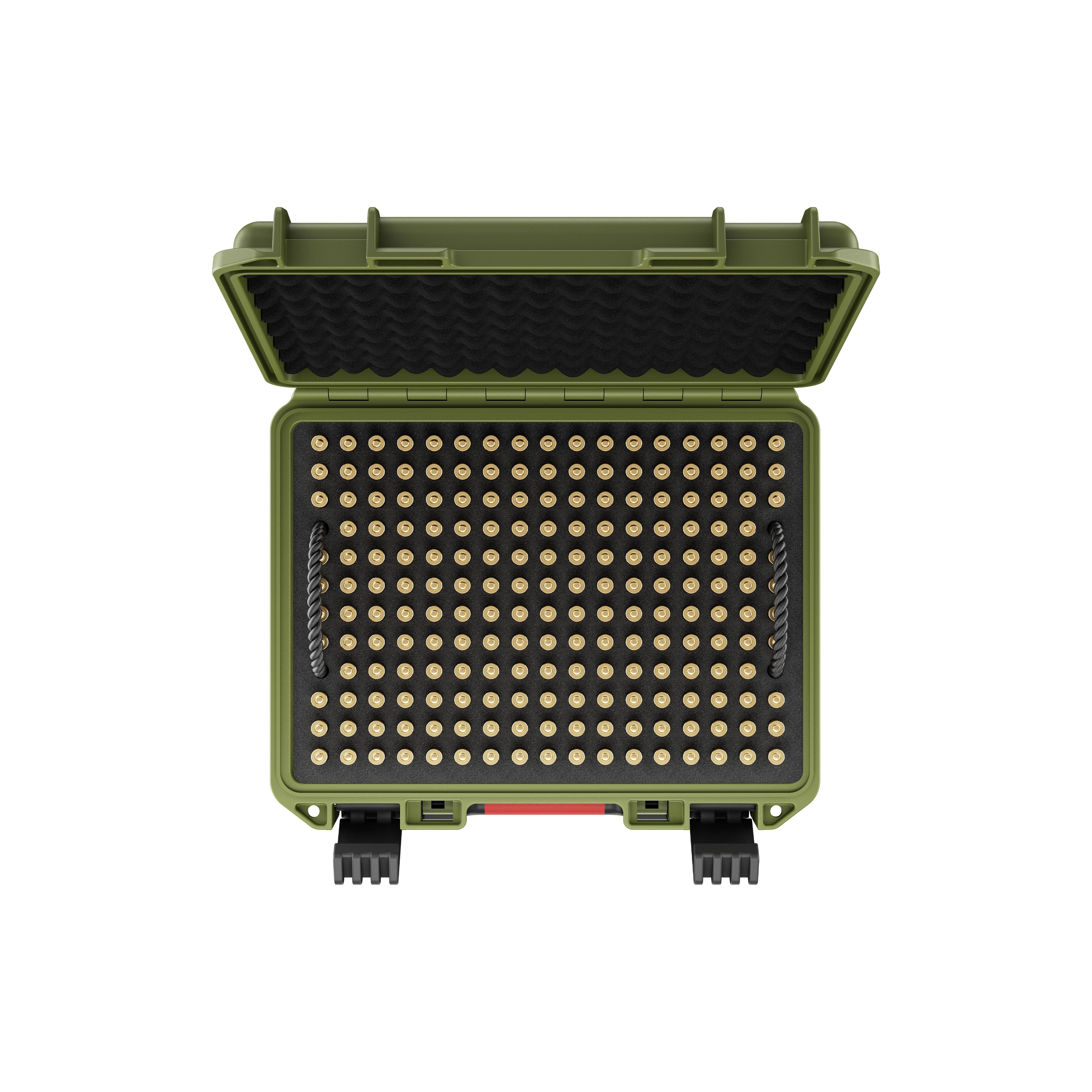 Top interior view of the 9mm waterproof ammo storage case displaying premium foam cushioning for organized bullet protection.