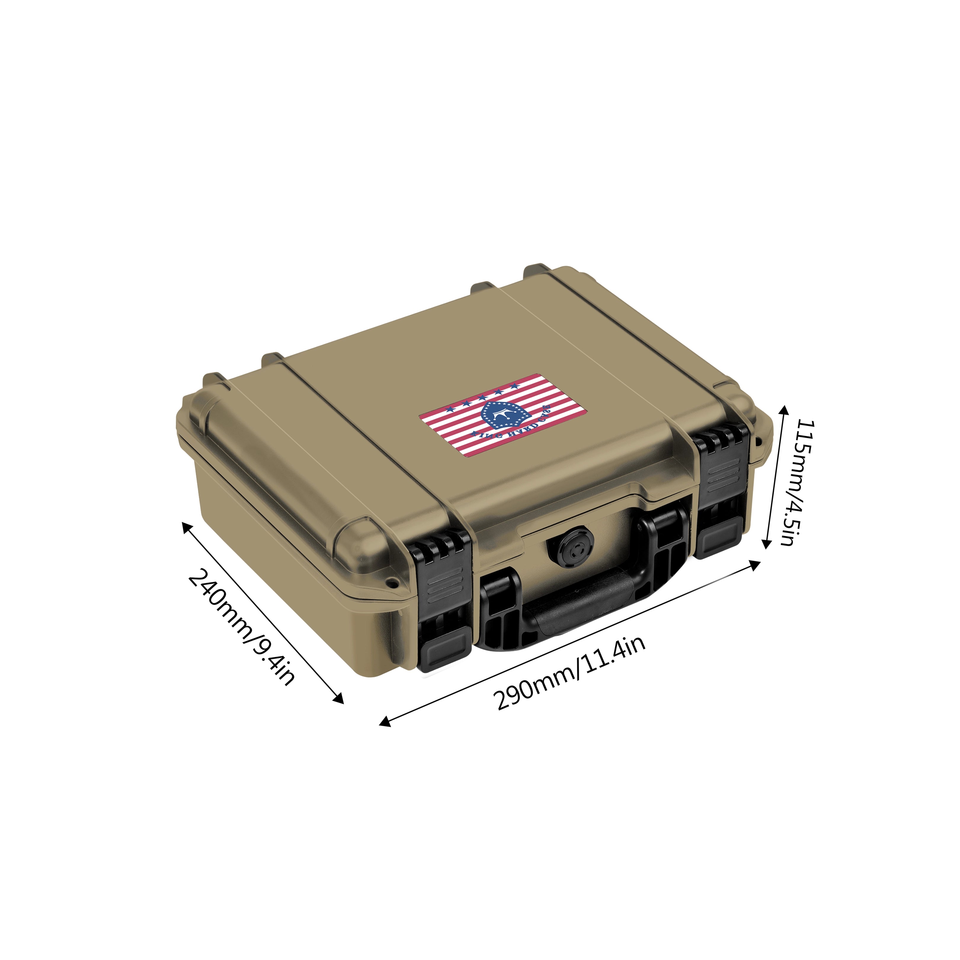 Exact exterior dimensions of the IP67 11-inch khaki waterproof weapon case equipped with an air pressure adjustment valve.