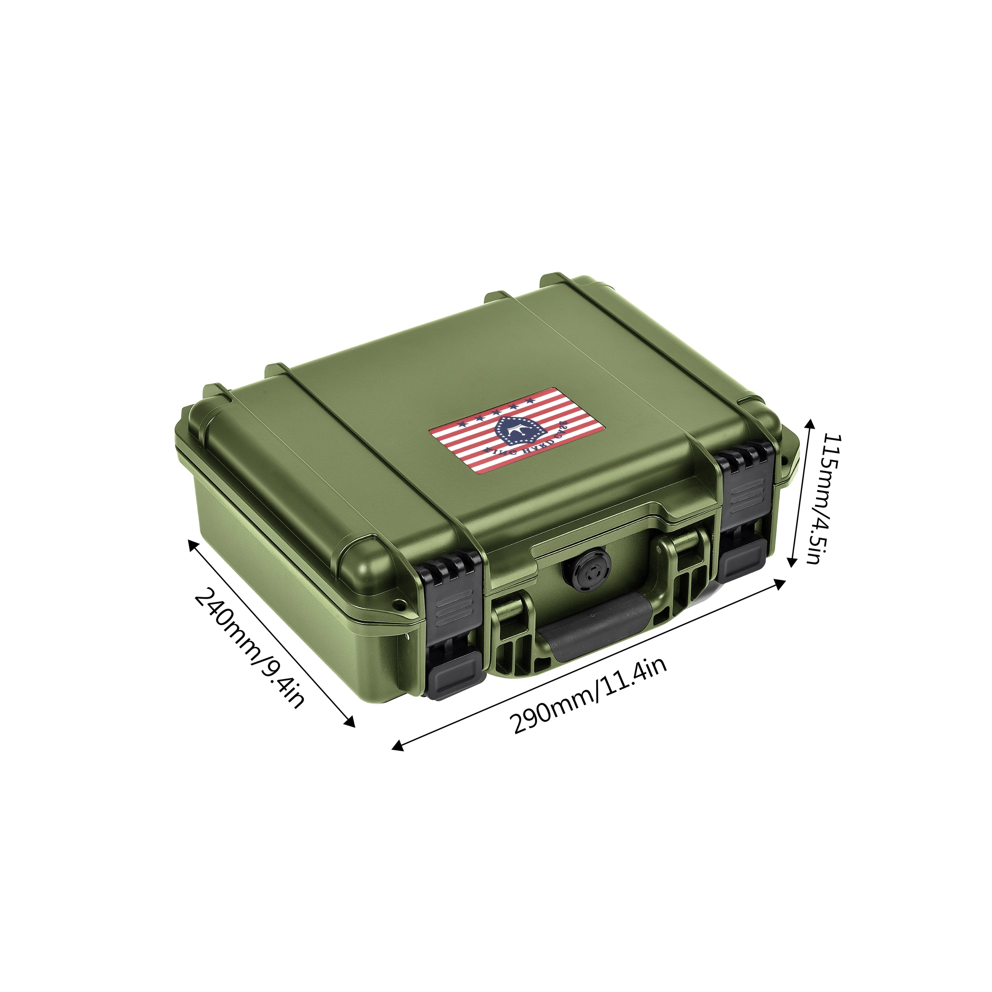 Exact exterior dimensions of the IP67 11-inch military green waterproof weapon case equipped with an air pressure adjustment valve.