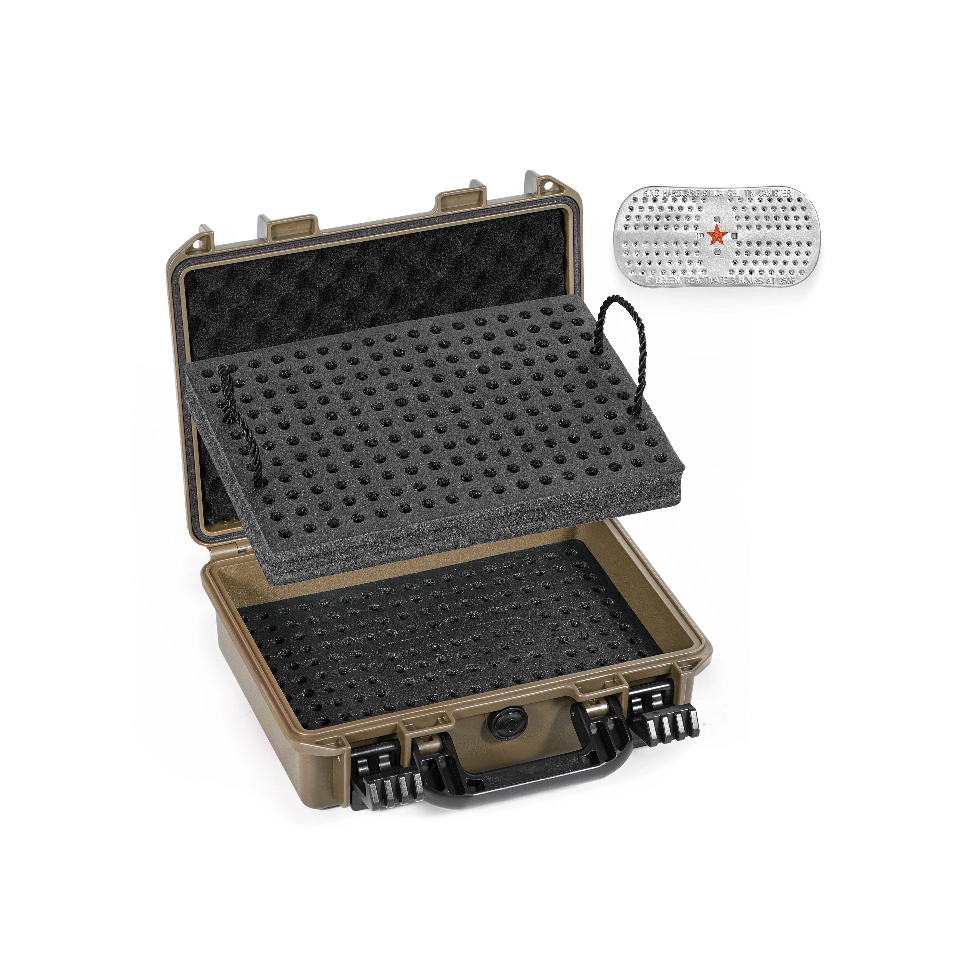 Moisture-proof waterproof ammo case showing the included desiccant equipped to keep 9mm bullets dry and extend their service life.