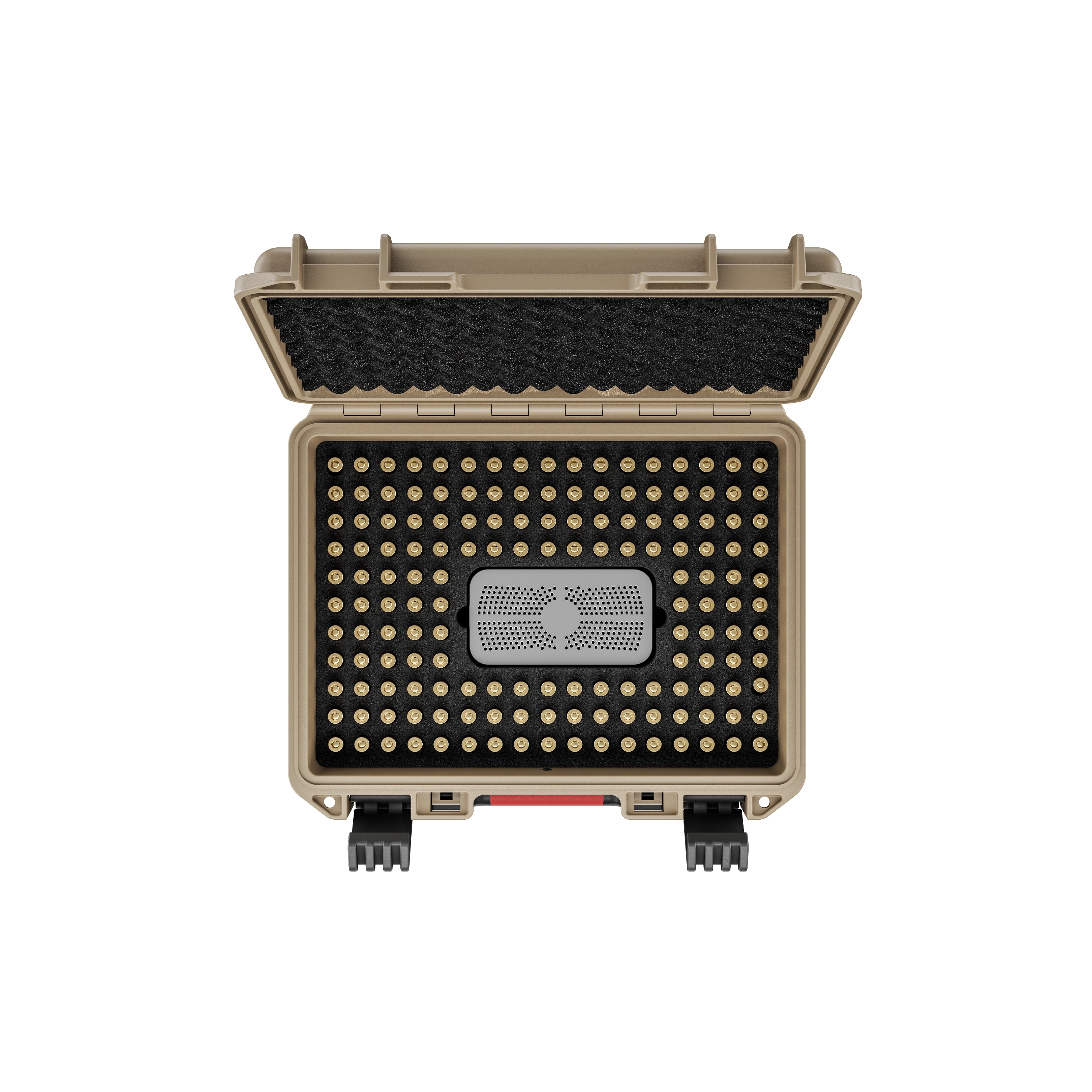 Top interior view of the 9mm waterproof ammo storage case displaying premium foam cushioning for organized bullet storage.