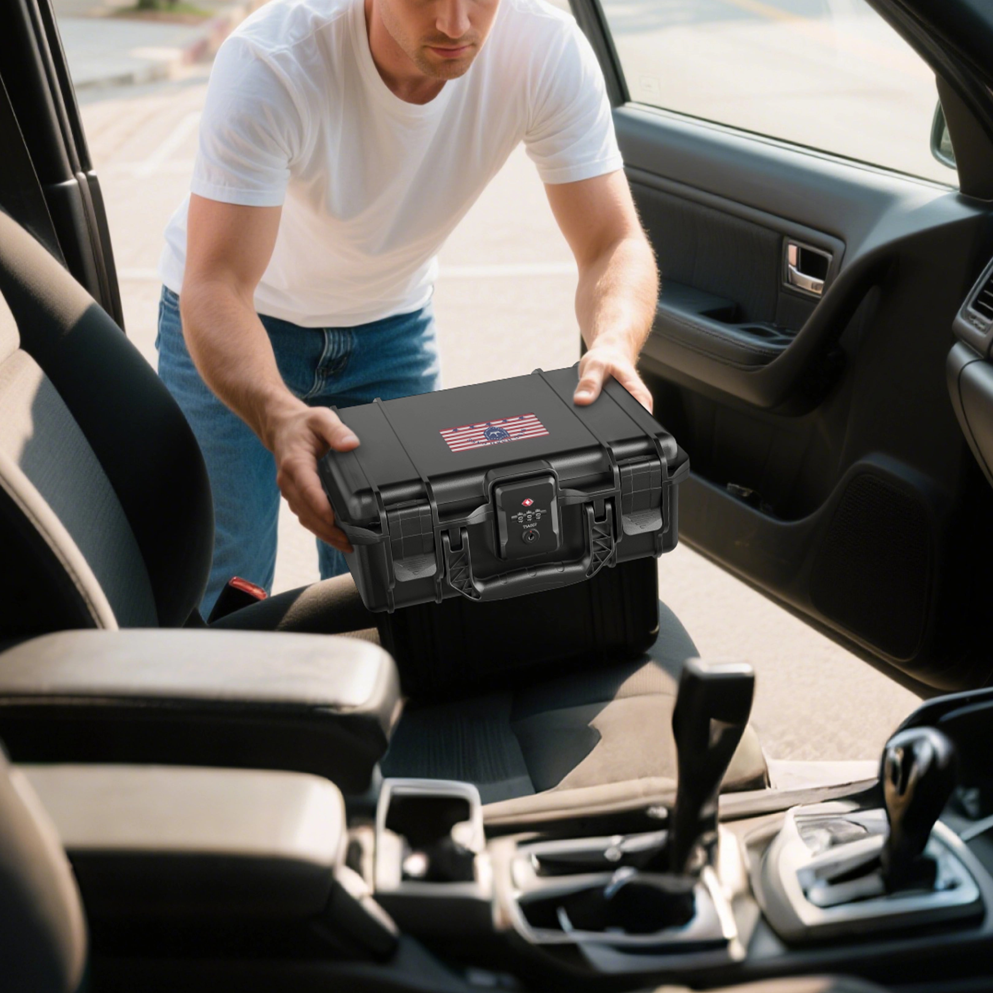 Man placing the portable 11-inch lockable waterproof weapon case onto a car seat, highlighting its shockproof and travel-friendly design for daily commute.