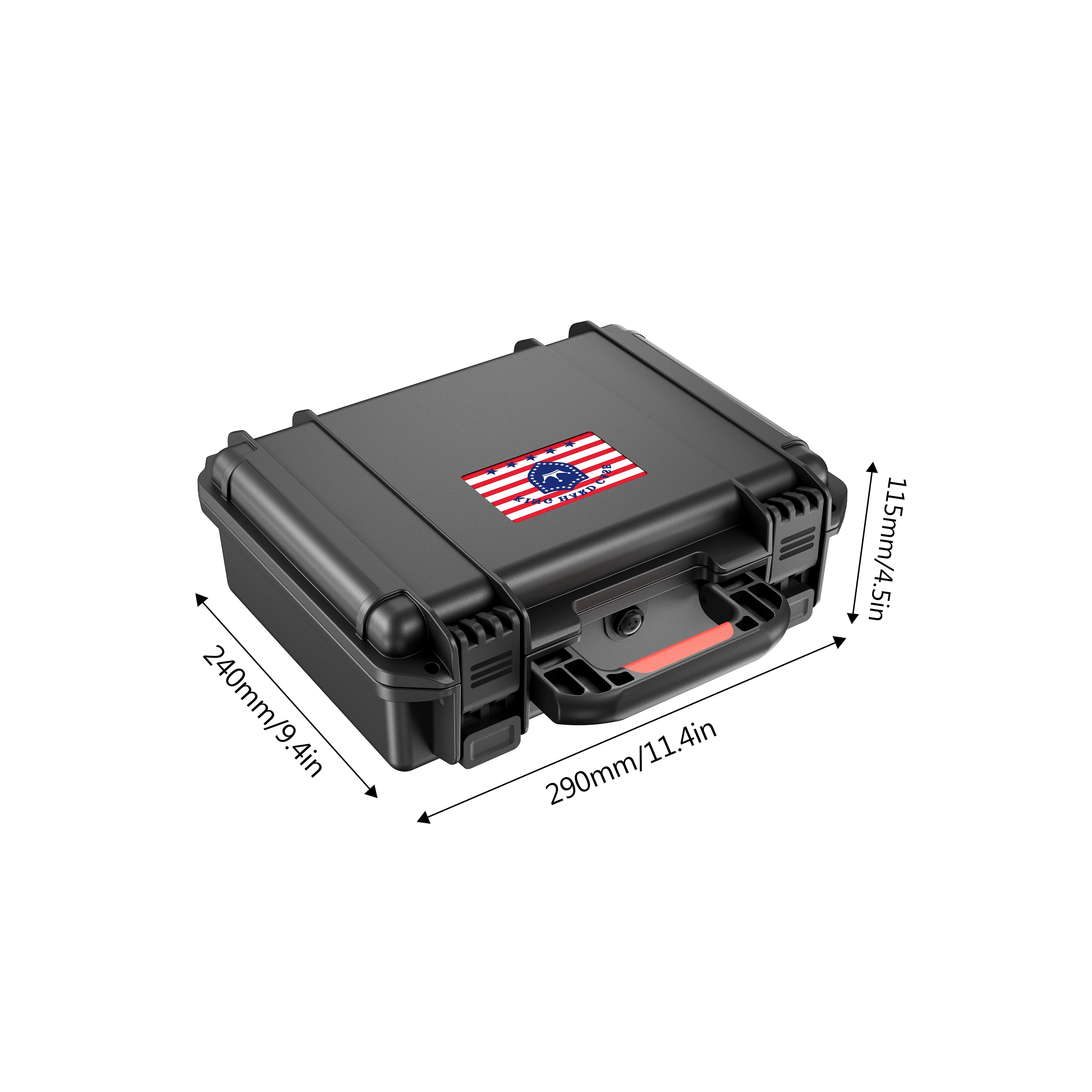 Exact exterior dimensions of the IP67 11-inch Glock waterproof weapon case, featuring an air pressure adjustment valve for diverse environments.