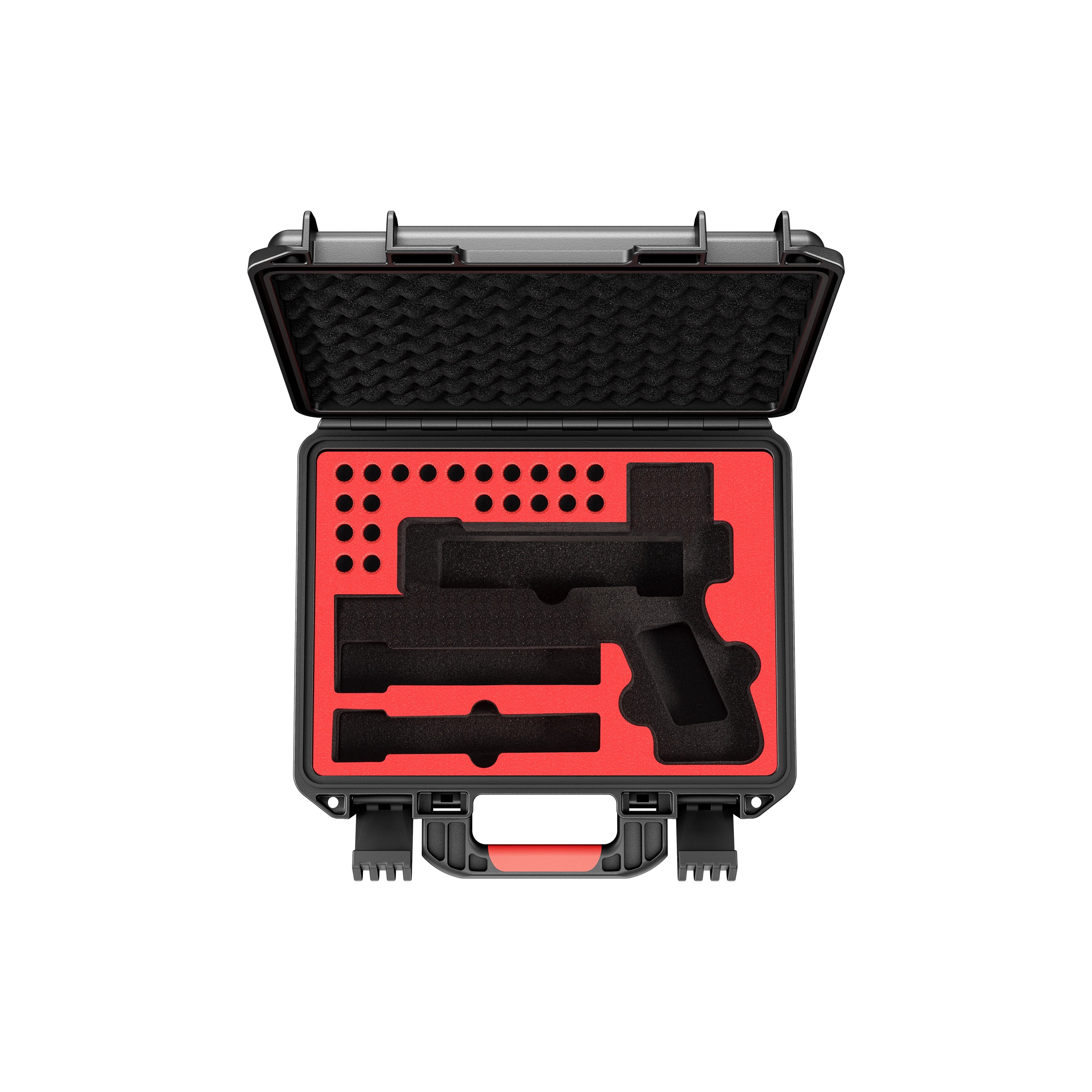 Top interior view of the waterproof weapon case displaying the specialized red protective foam layout for a Glock handgun, magazines, and tactical accessories.