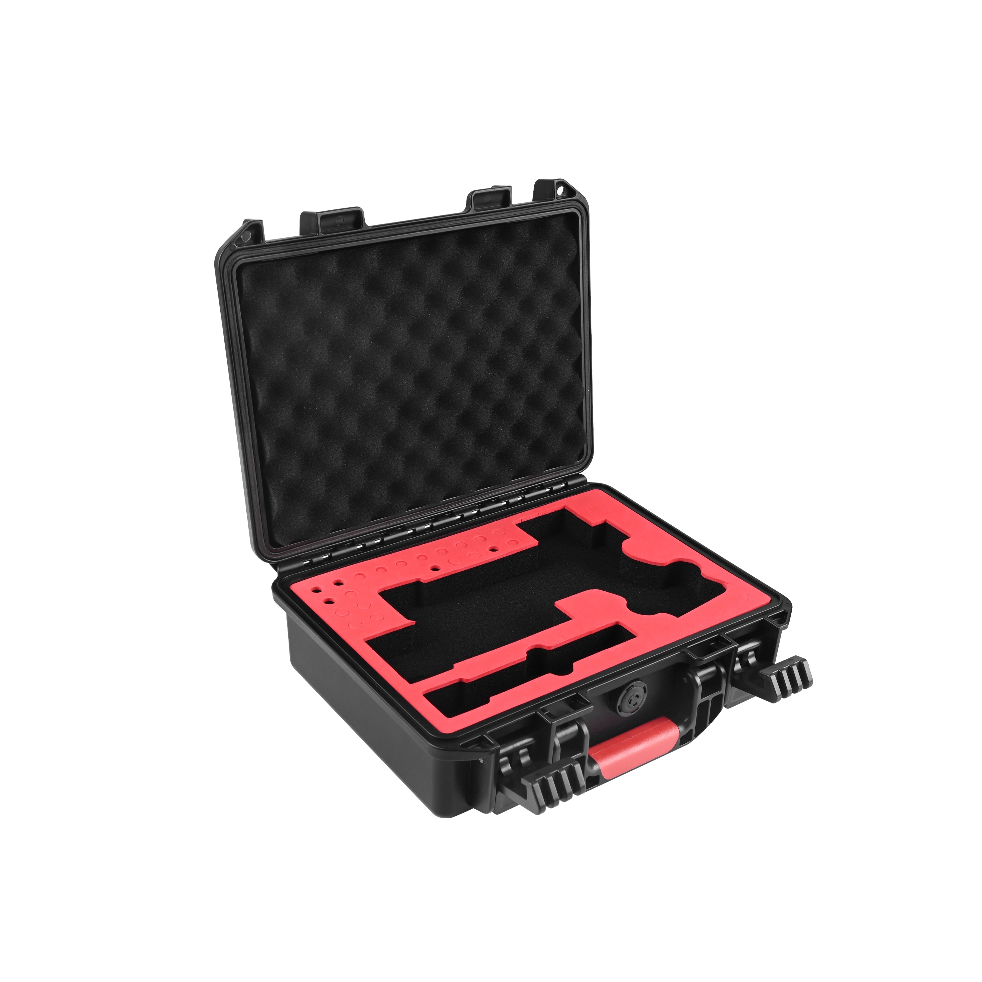 11-inch black waterproof weapon case open, featuring an ergonomic red handle and a custom red high-resilience sponge cut for a Glock with optic and light.