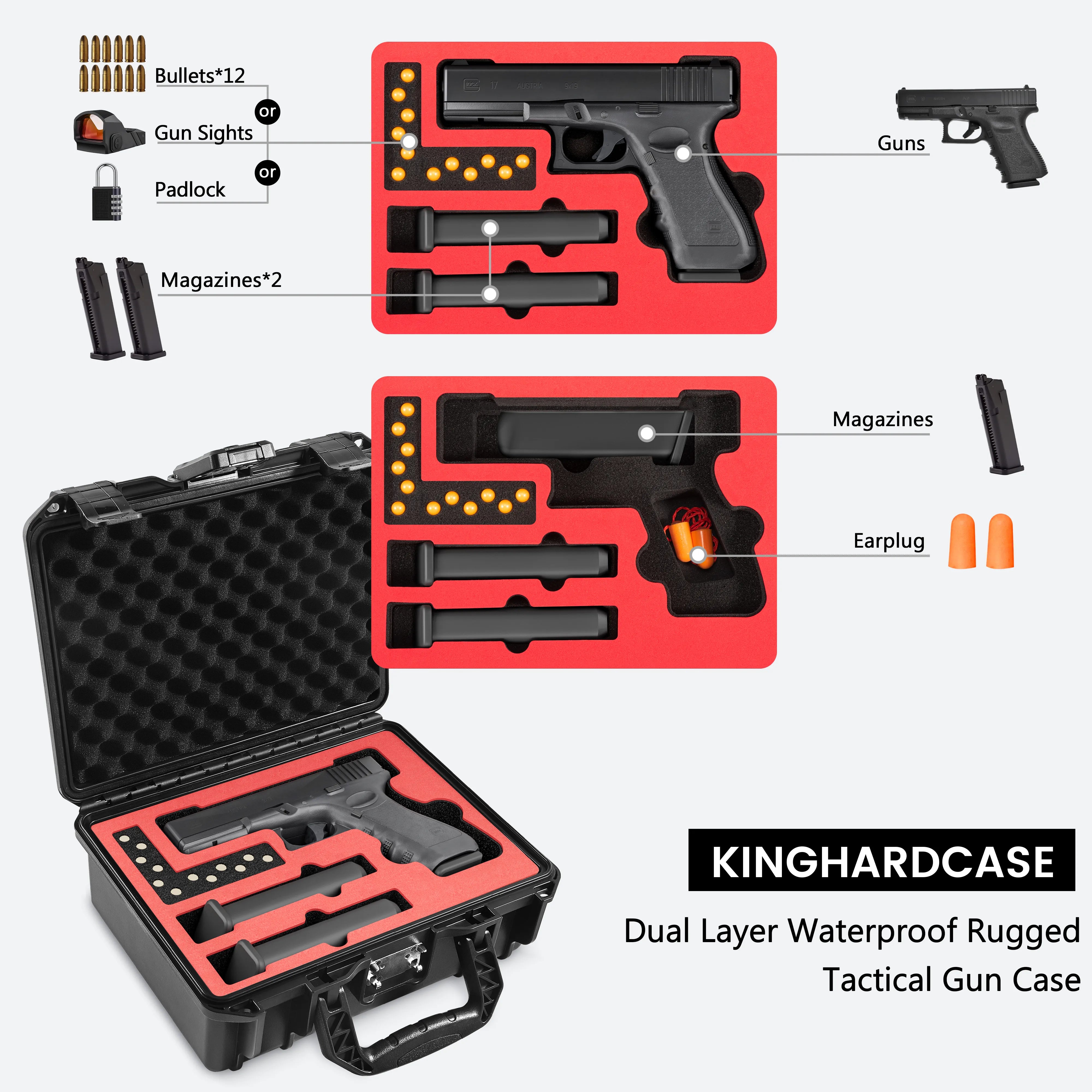Custom red foam layout guide for the 11-inch waterproof weapon case, showing precise fit for a Glock handgun, magazines, and accessories.
