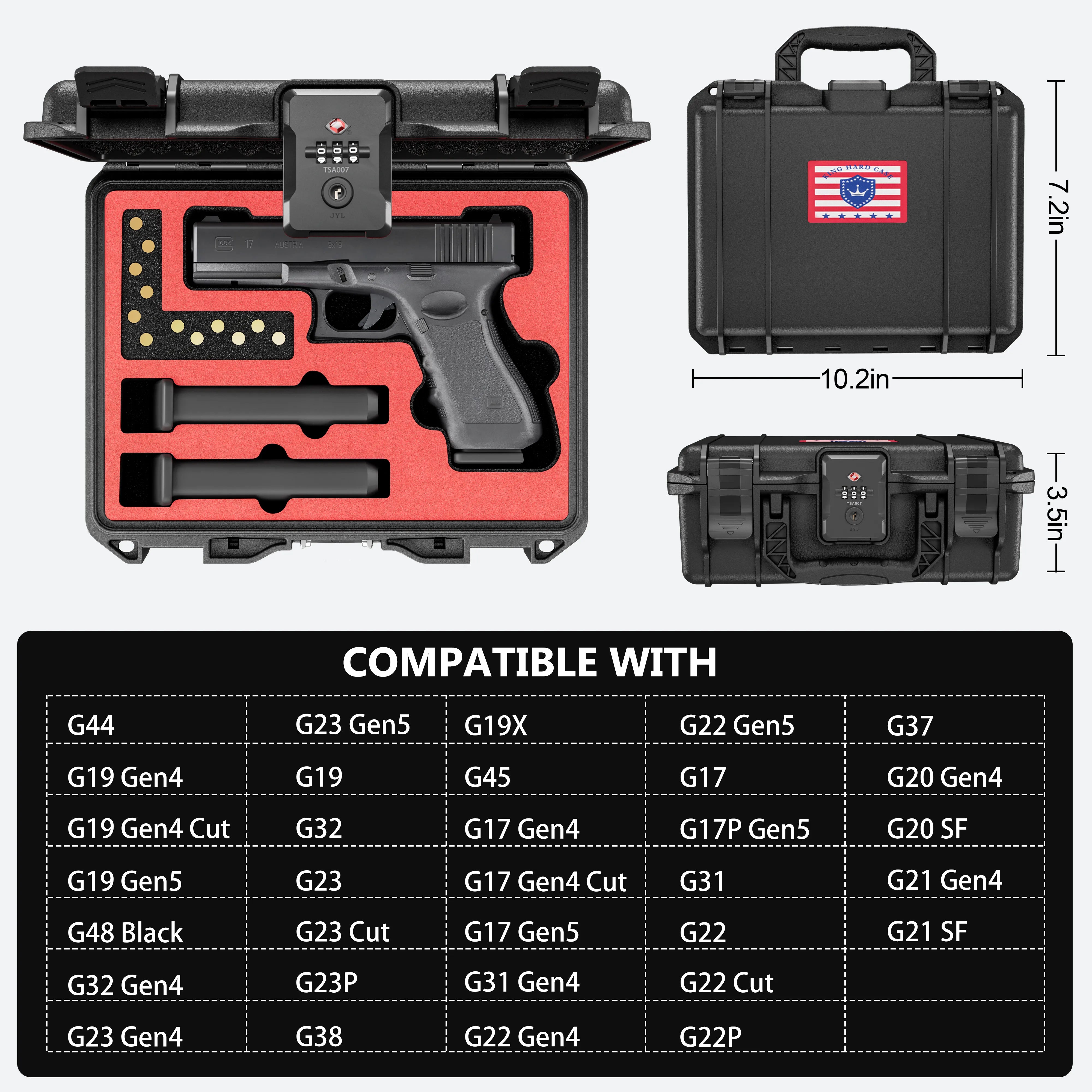 Comprehensive Glock compatibility chart for the 11-inch waterproof weapon case, ensuring a perfect fit for various models.