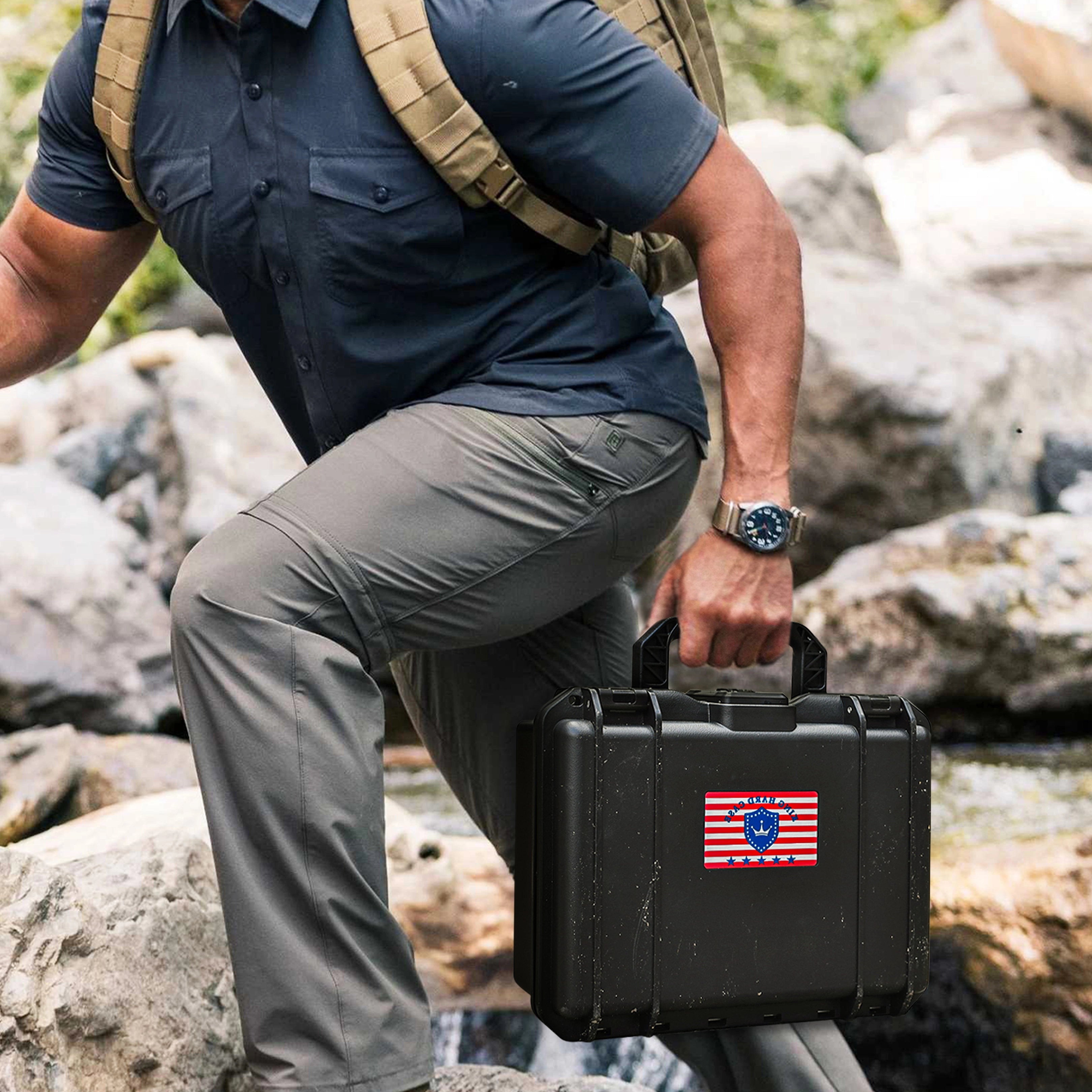 Man hiking and carrying the rugged 11-inch Sig Sauer waterproof weapon case outdoors, highlighting its ergonomic comfort handle and travel-ready design.