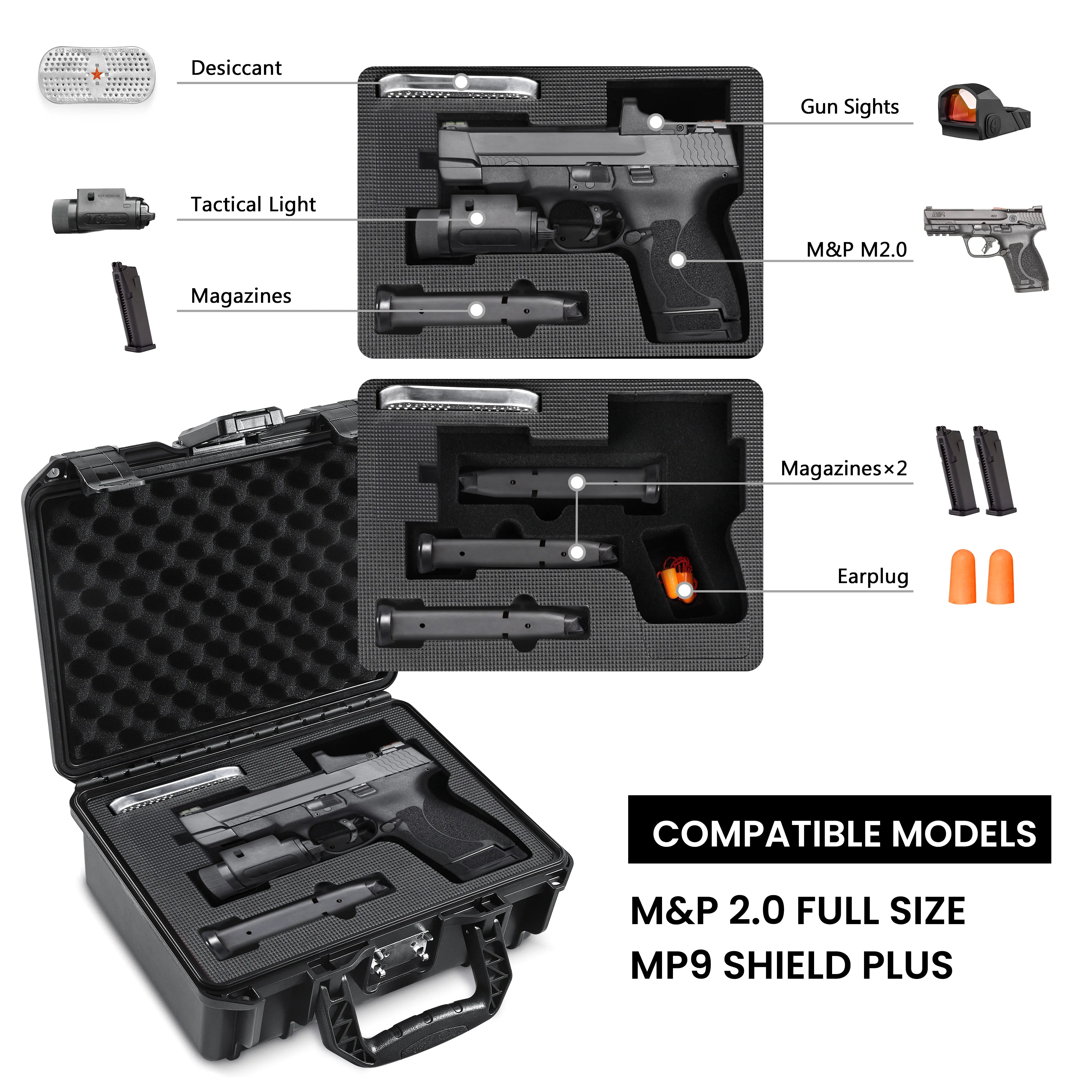 Top interior view of the waterproof ammo case displaying the protective sponge layout for a Sig Sauer handgun and extra magazines.