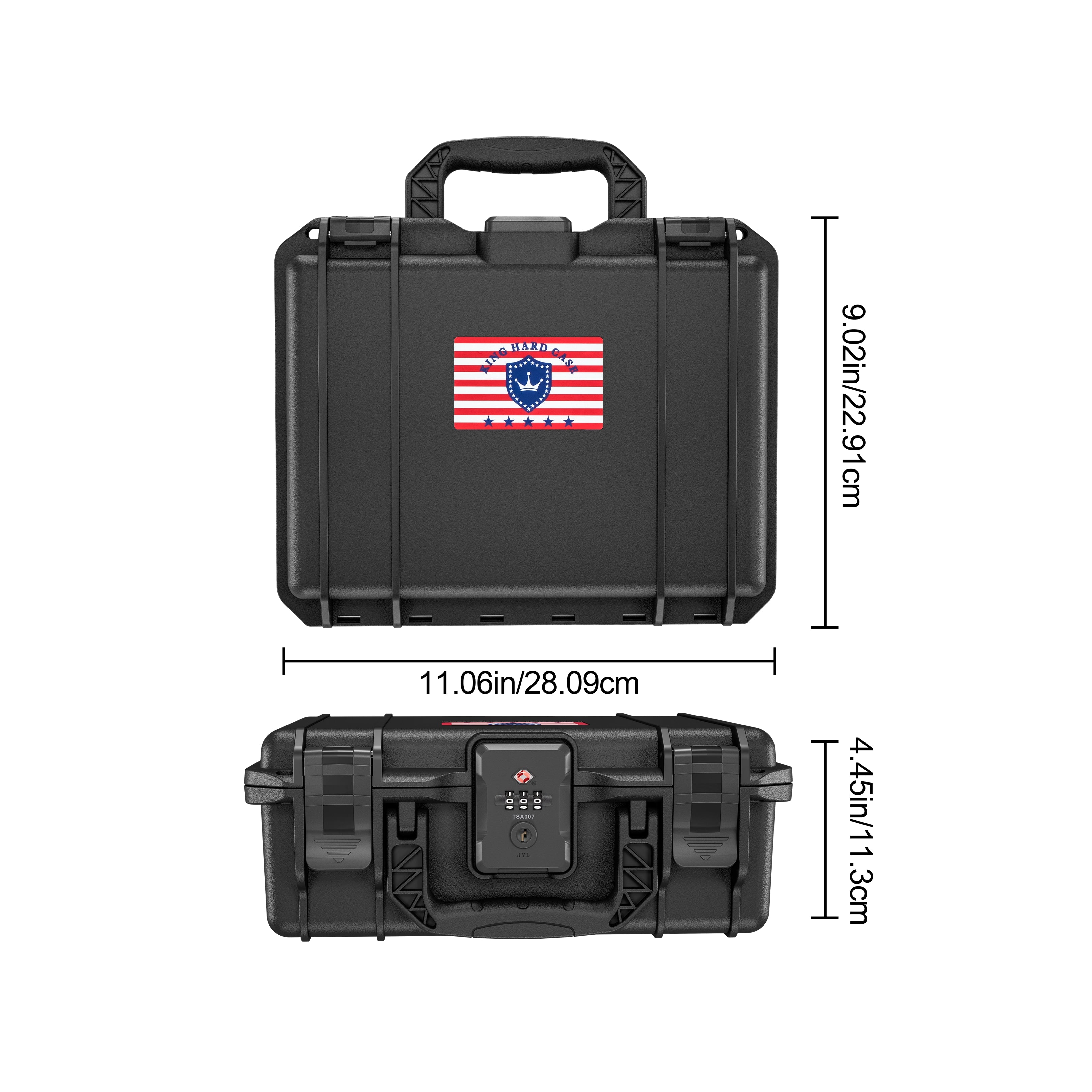 Front view of the rugged 11-inch Sig Sauer single waterproof weapon case by KINGHARDCASE, featuring a built-in TSA combination lock.