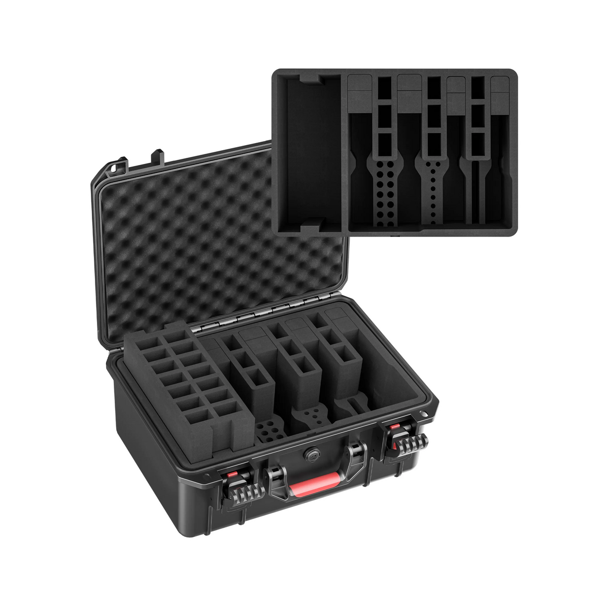 Open 16-inch pre-cut storage case displaying high-quality EVA liners and a removable DIY module, designed to securely hold 4 pistols and 23 magazines.