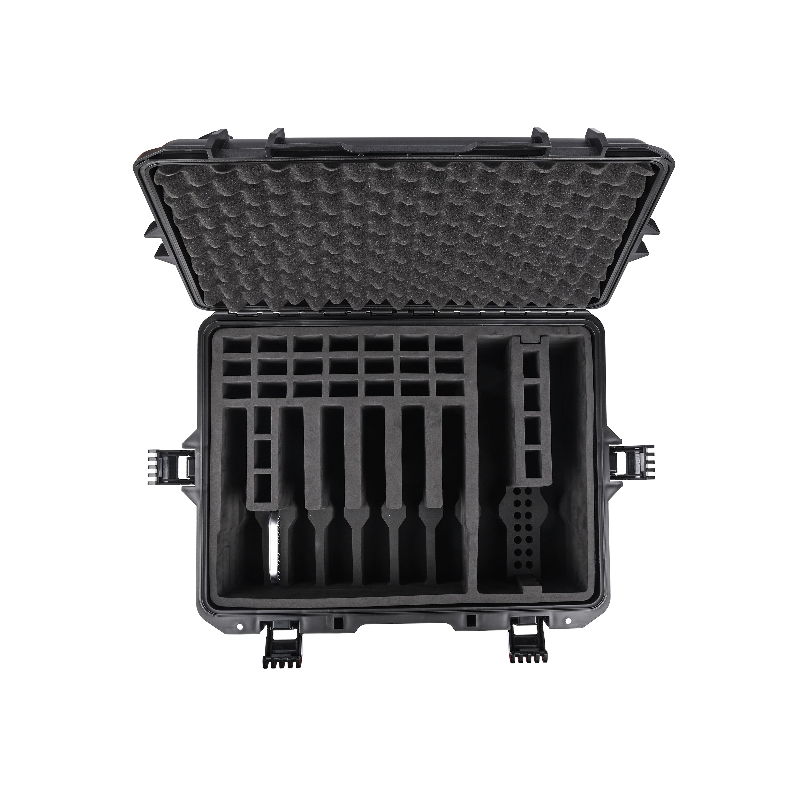 Top-down view of the large capacity 8-pistol storage case showcasing the precise pre-cut EVA foam slots for firearms and extensive magazine storage.