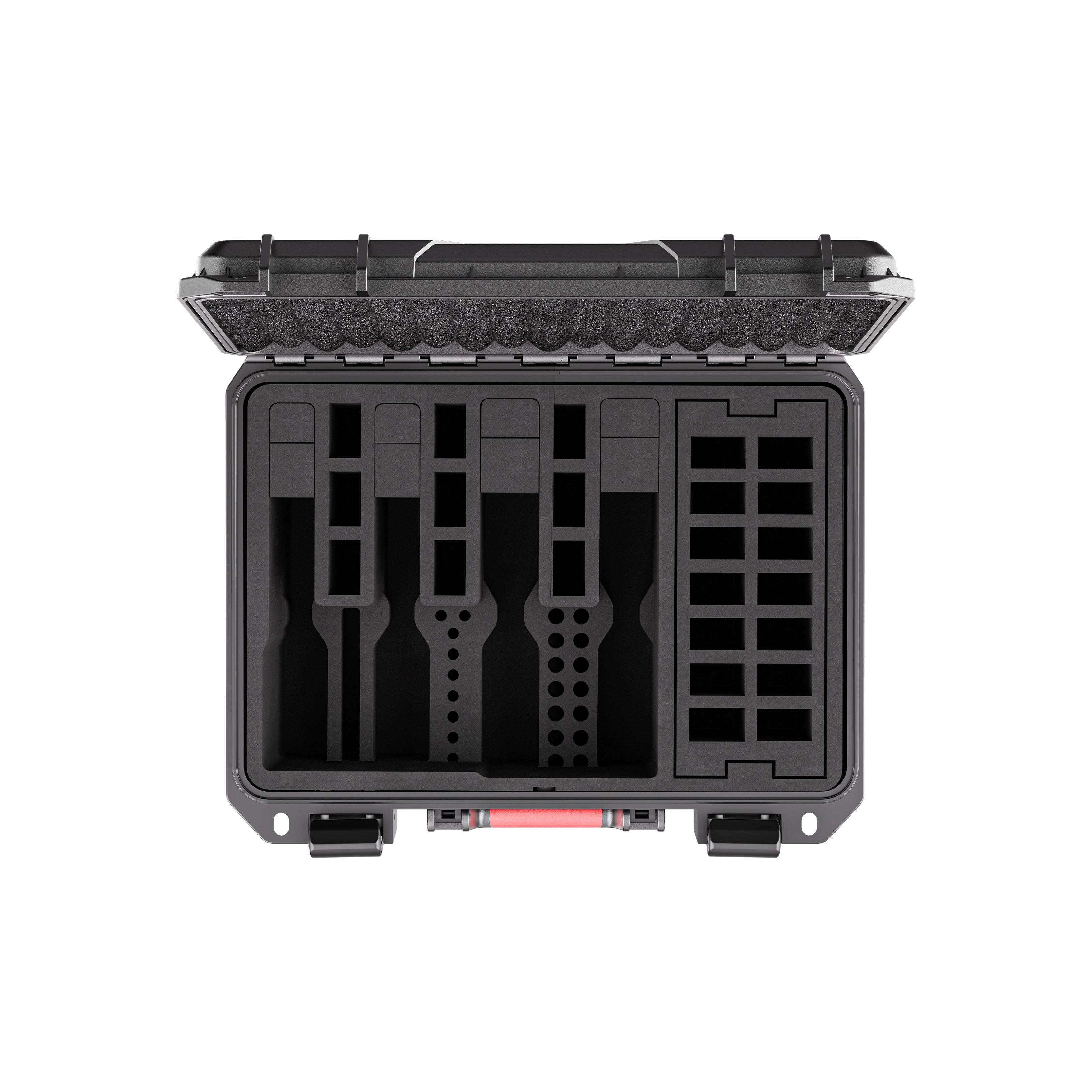 Top-down view of the 4-pistol storage case showcasing the precise pre-cut EVA foam slots for firearms and extensive magazine storage.