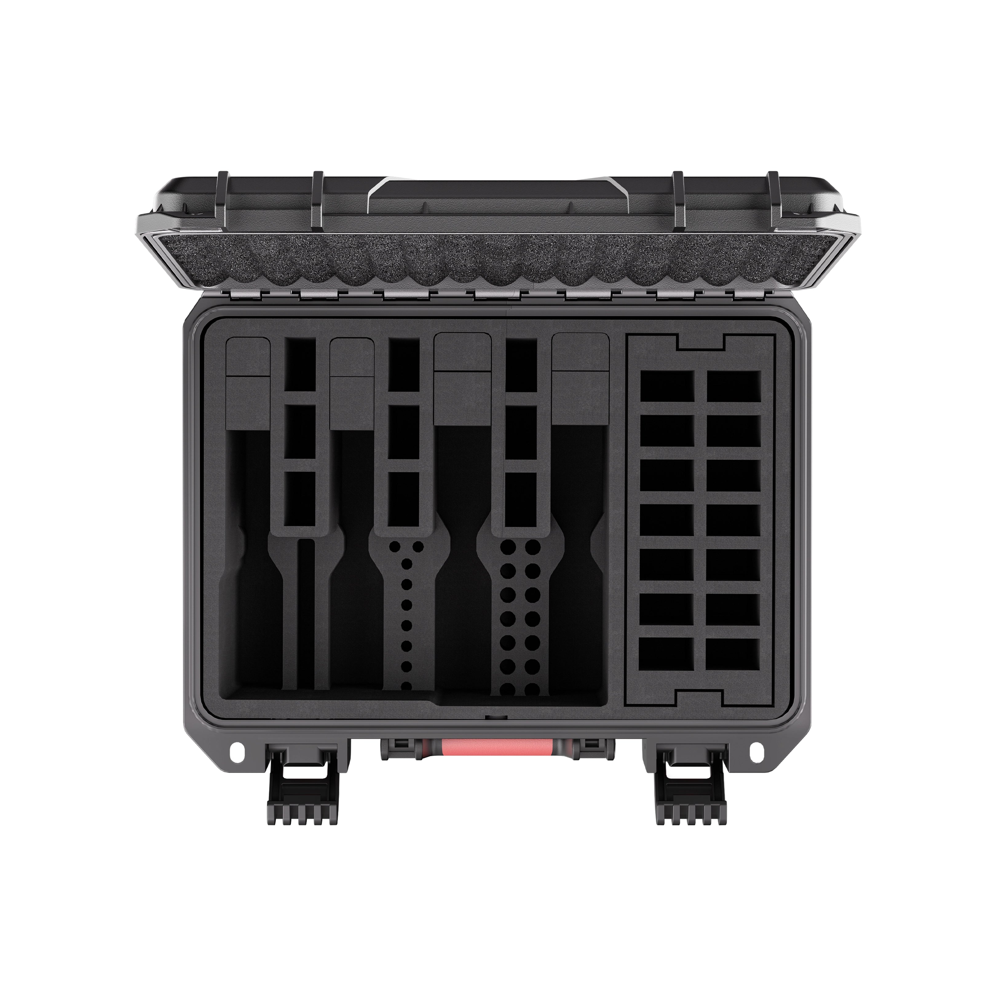 Top-down view of the 4-pistol storage case showcasing the precise pre-cut EVA foam slots for firearms and extensive magazine capacity.