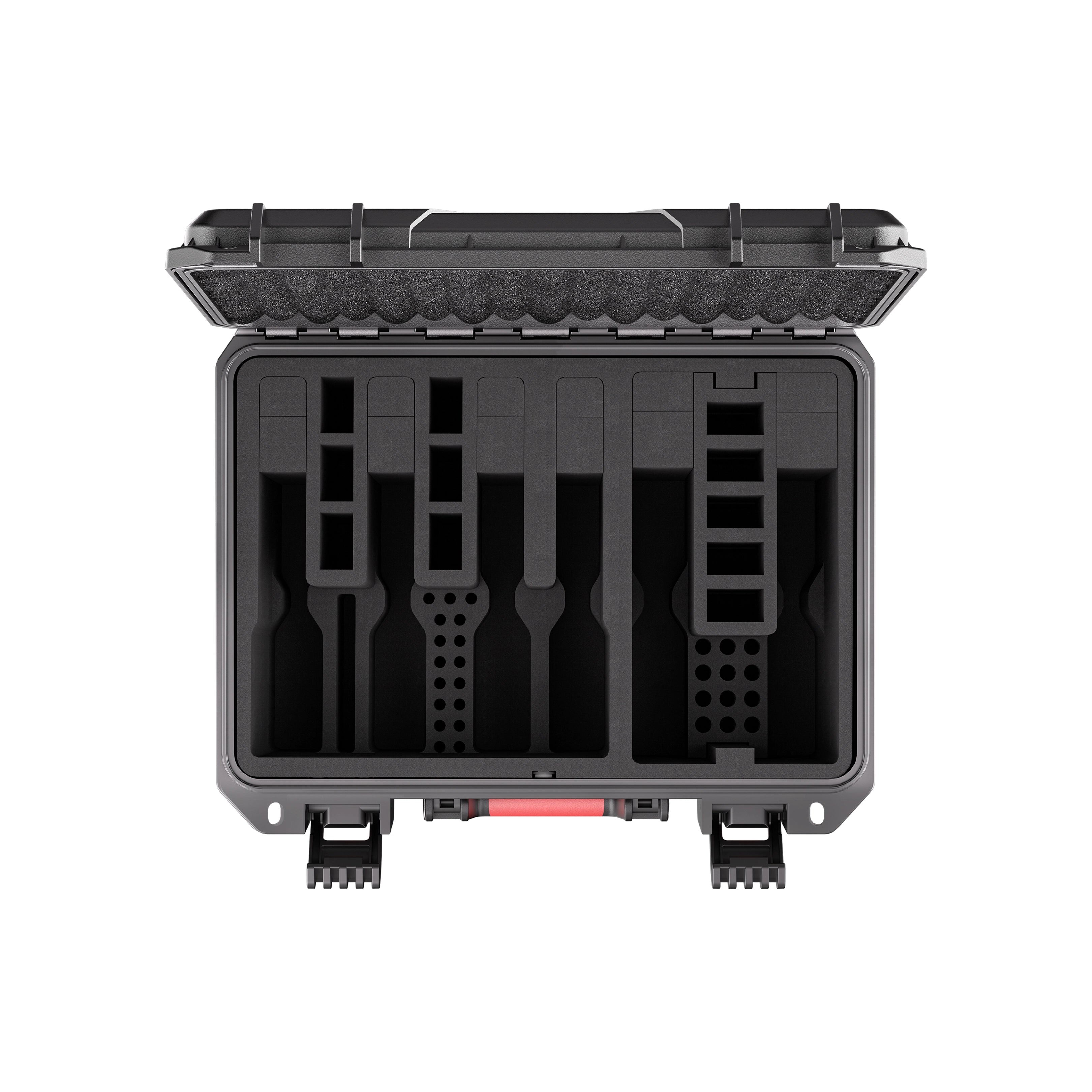 Top-down view of the 6-pistol storage case showcasing the precise pre-cut EVA foam slots for firearms and accessories.
