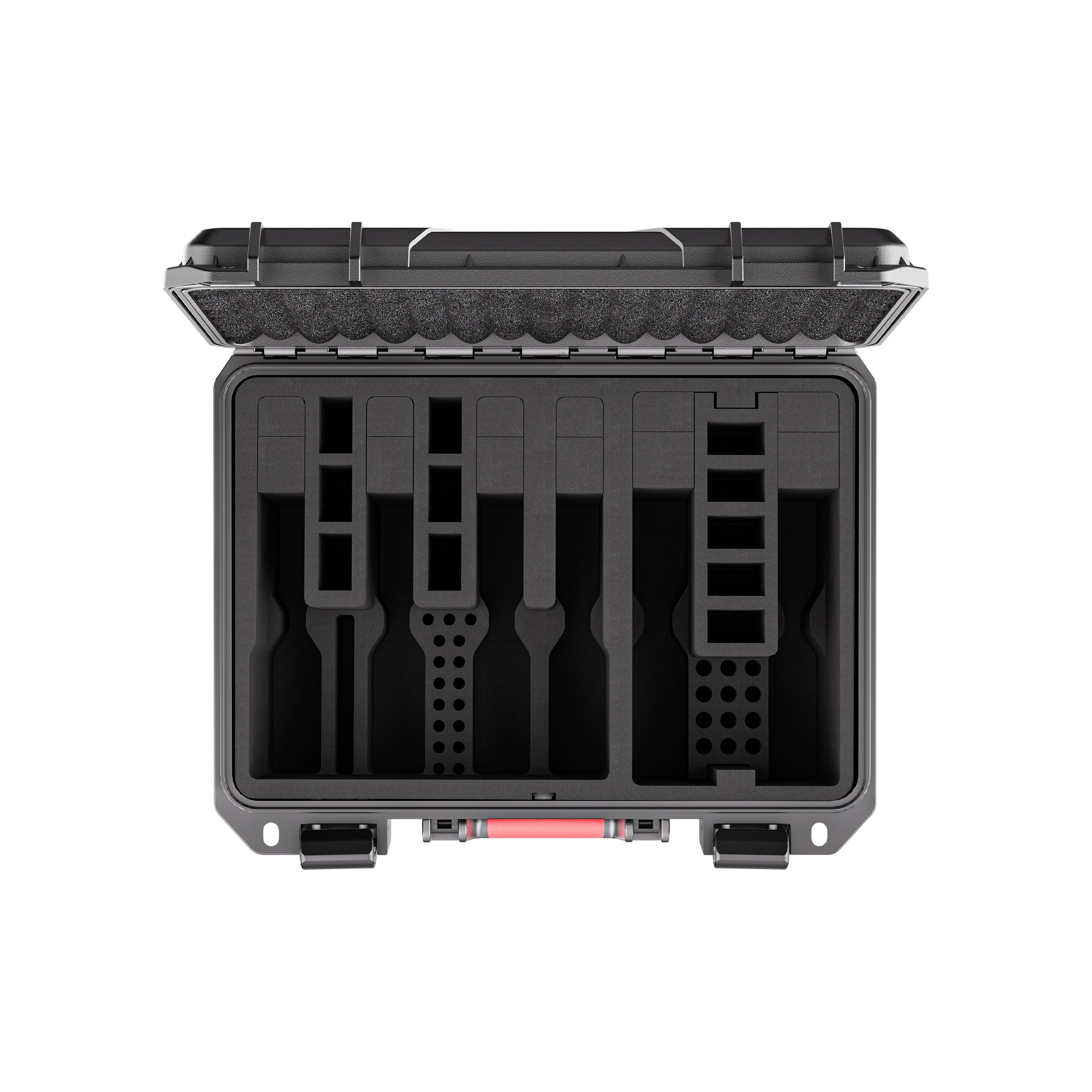 Top-down view of the 6-pistol storage case showcasing the precise pre-cut EVA foam slots for handguns and accessories.