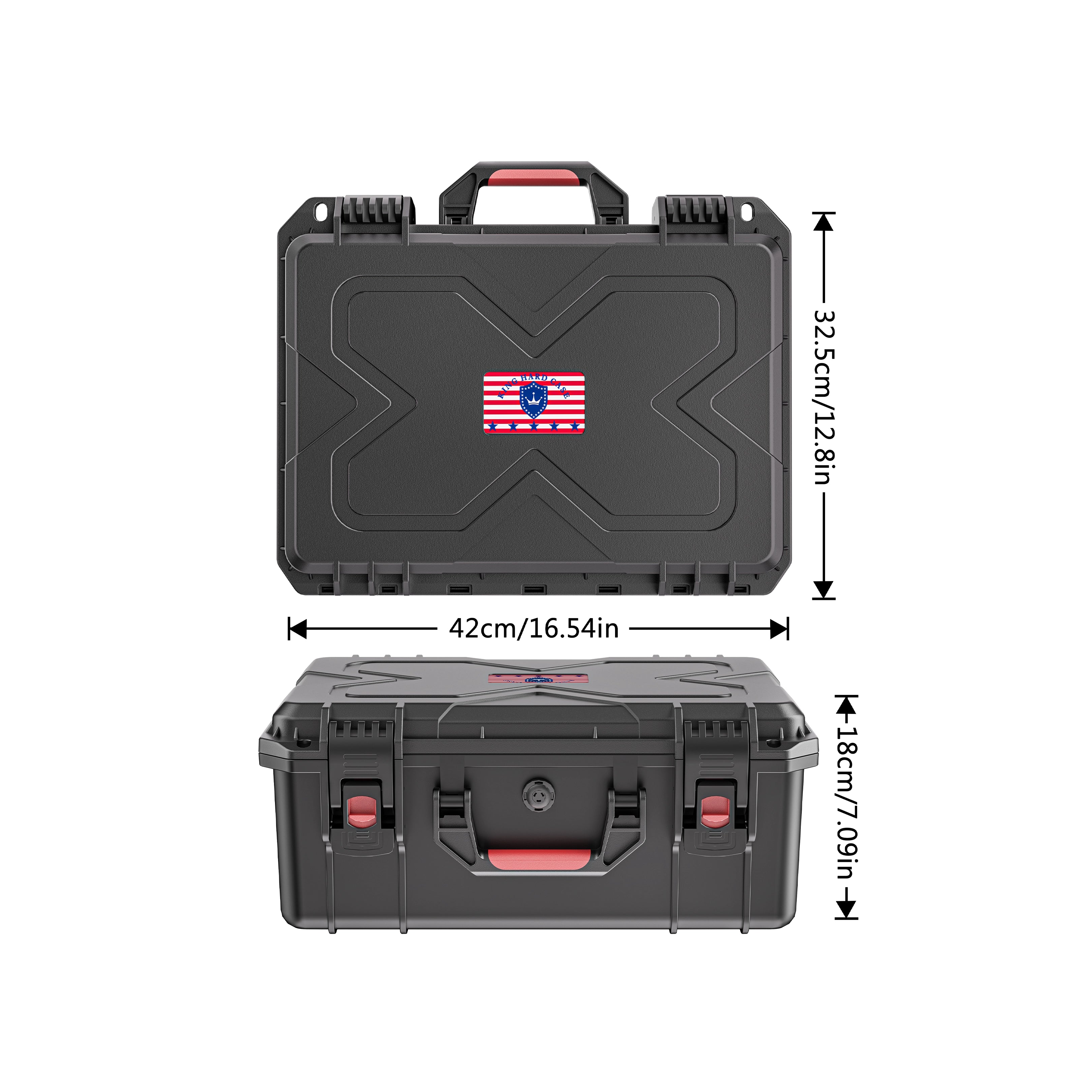 Exterior dimensions and compact design of the IP67 waterproof 16-inch multi-storage gun case.