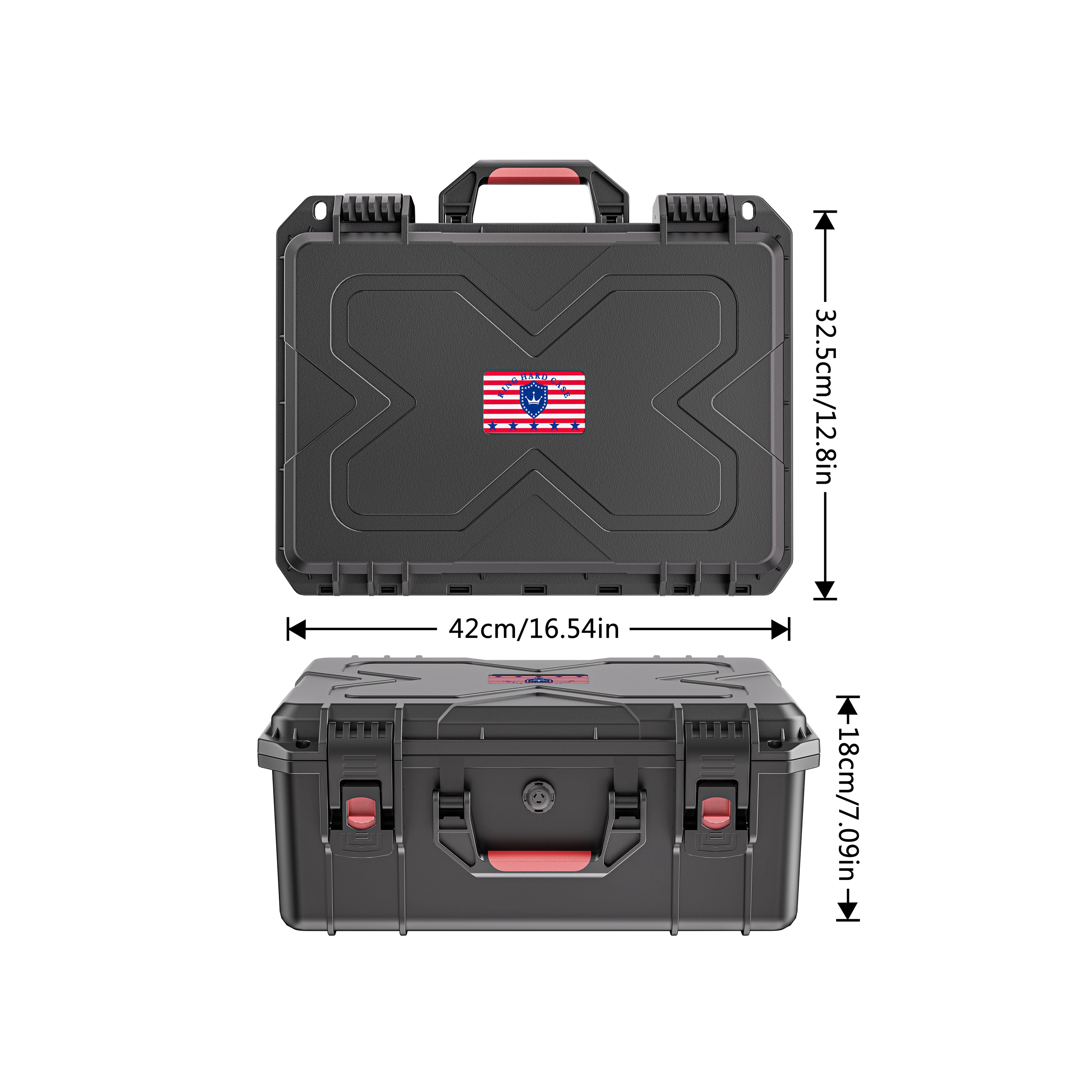 Exterior dimensions and compact design of the IP67 waterproof 16-inch multi-storage gun case.