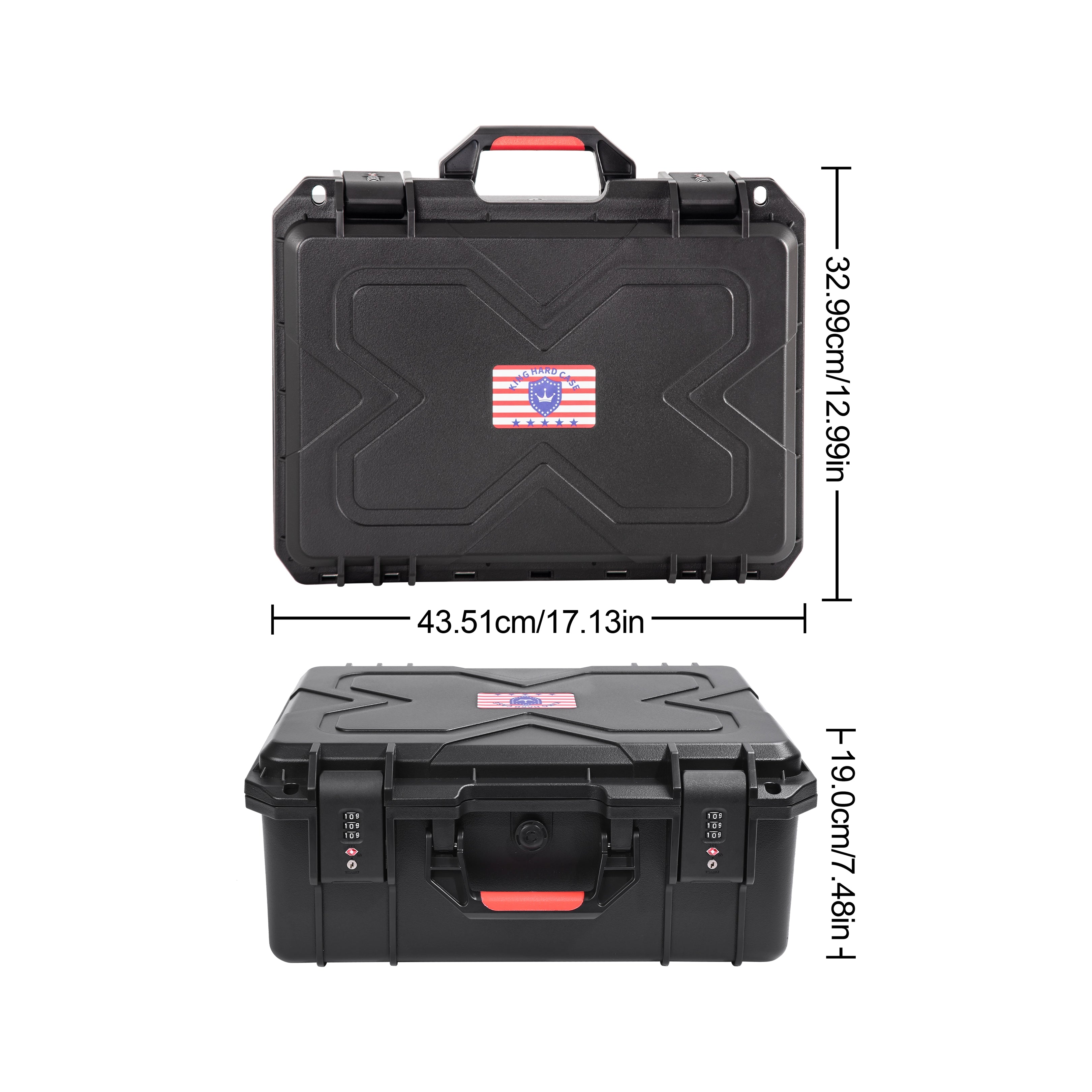 Exterior dimensions and compact design of the IP67 waterproof 16-inch multi-storage gun case.