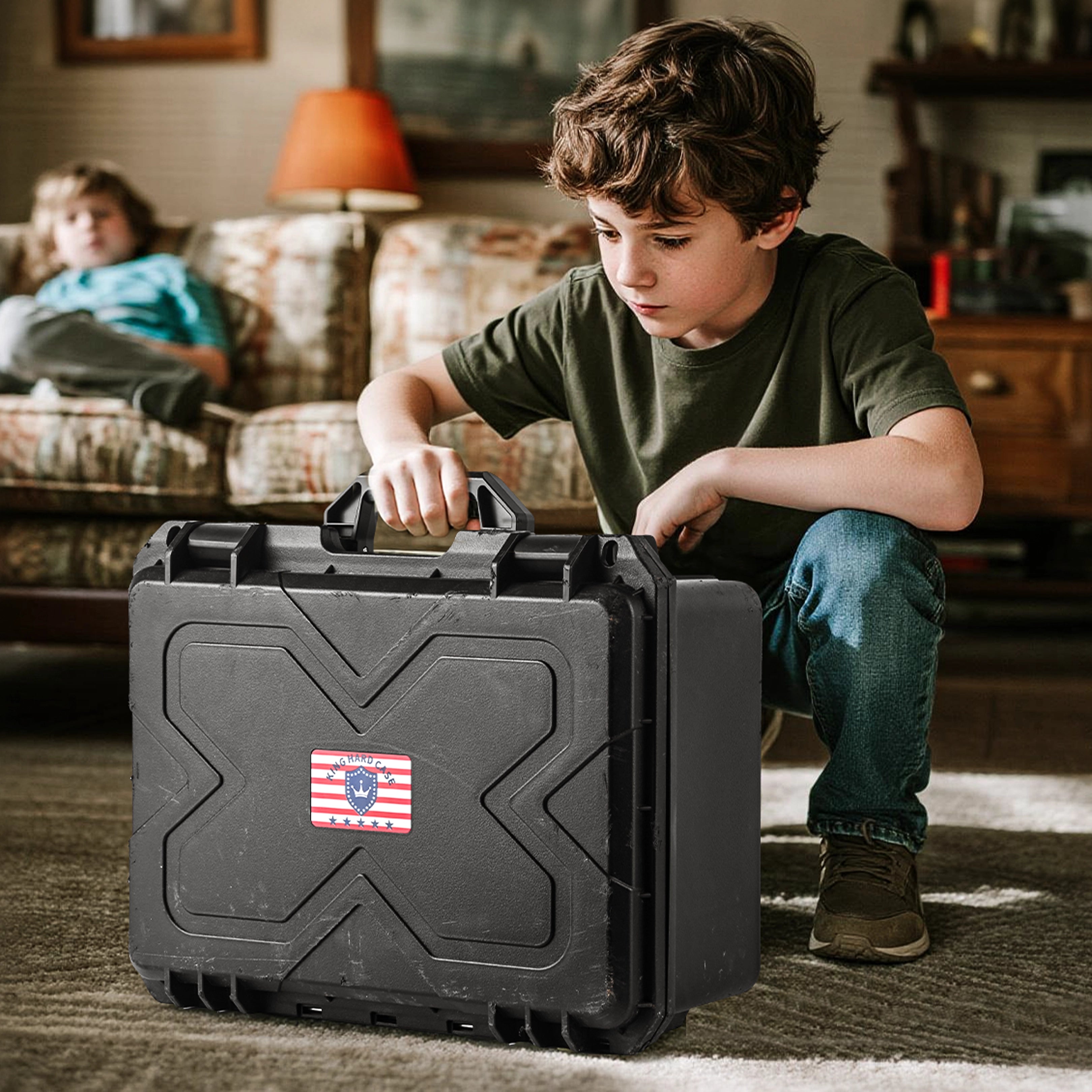 Indoor lifestyle shot of a person securing the hard shell 16-inch pistol case, emphasizing safe storage and reliable wear-resistant protection.