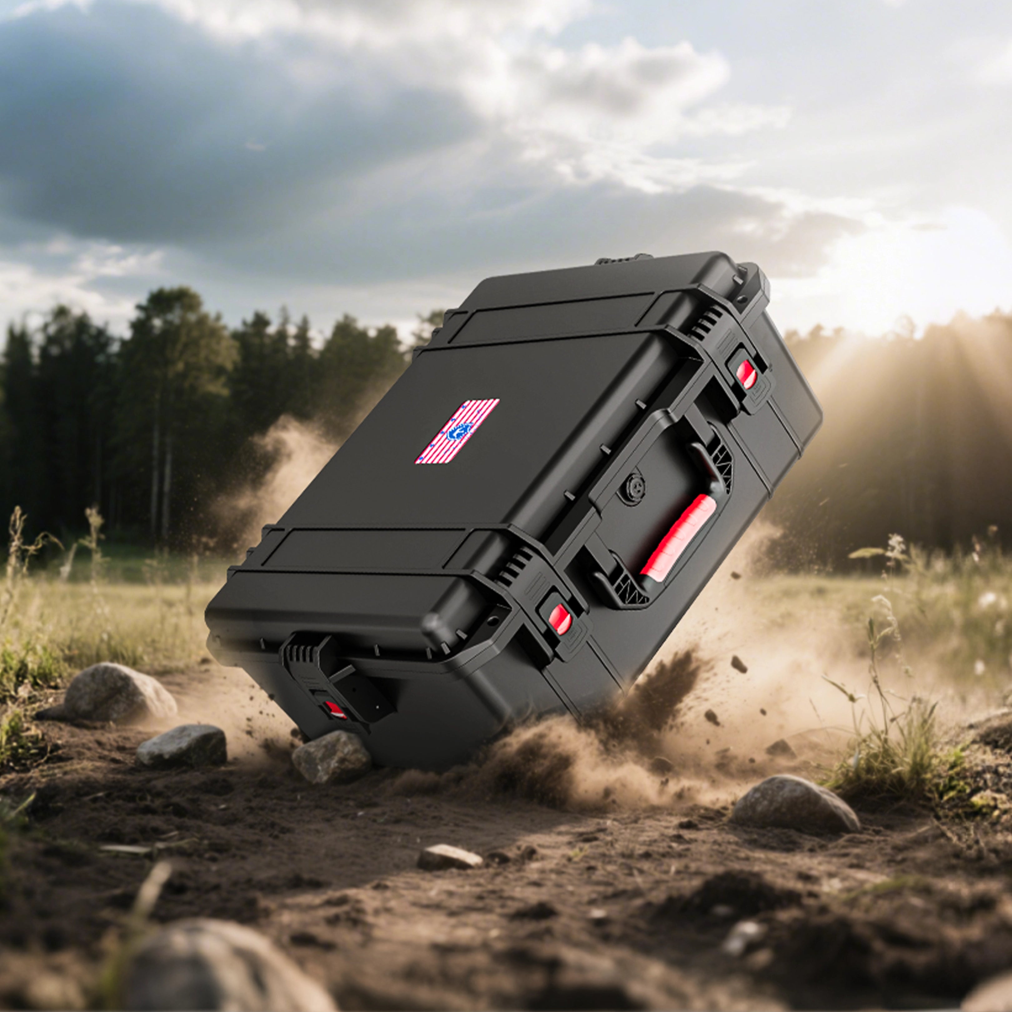 Action shot of the wear-resistant 21-inch pistol case dropping on dirt, highlighting its reliable anti-collision and shockproof protection against impact.