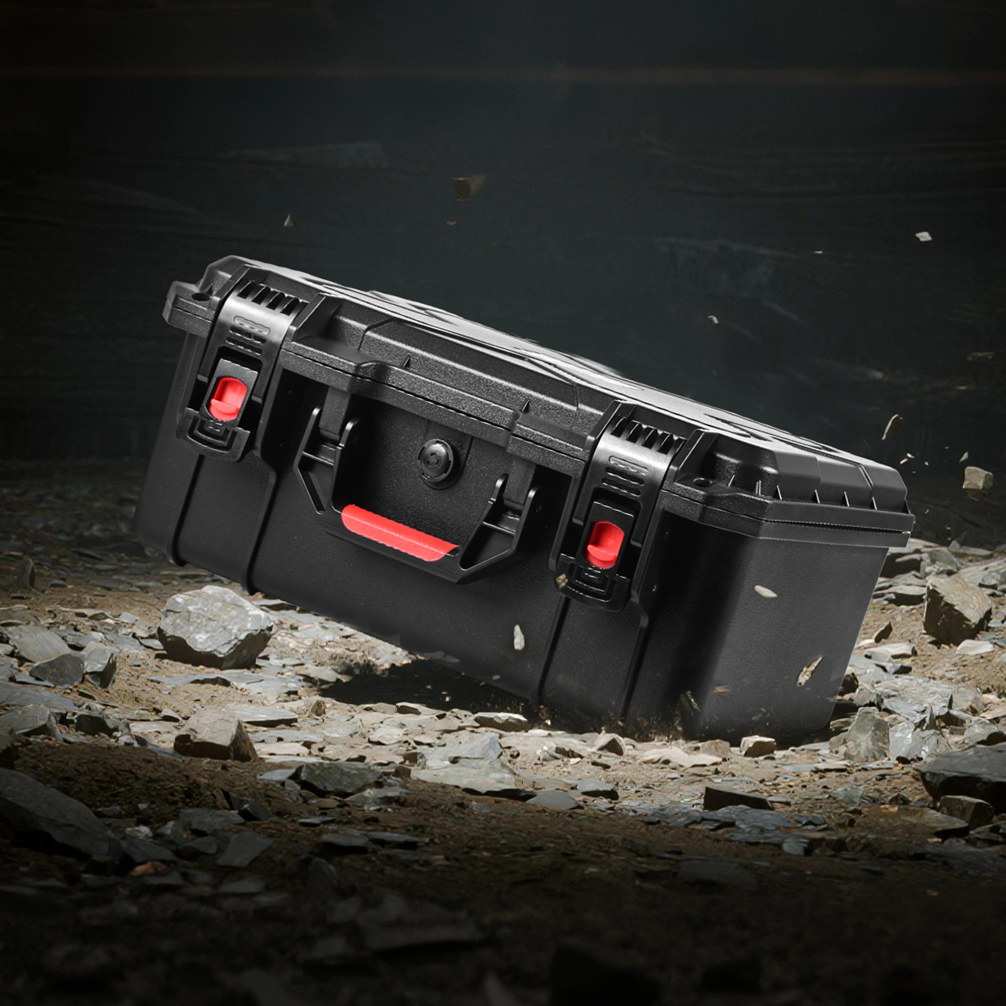 Rugged demonstration of the shockproof and wear-resistant 16-inch pistol case easily withstanding heavy impact on rocky terrain.
