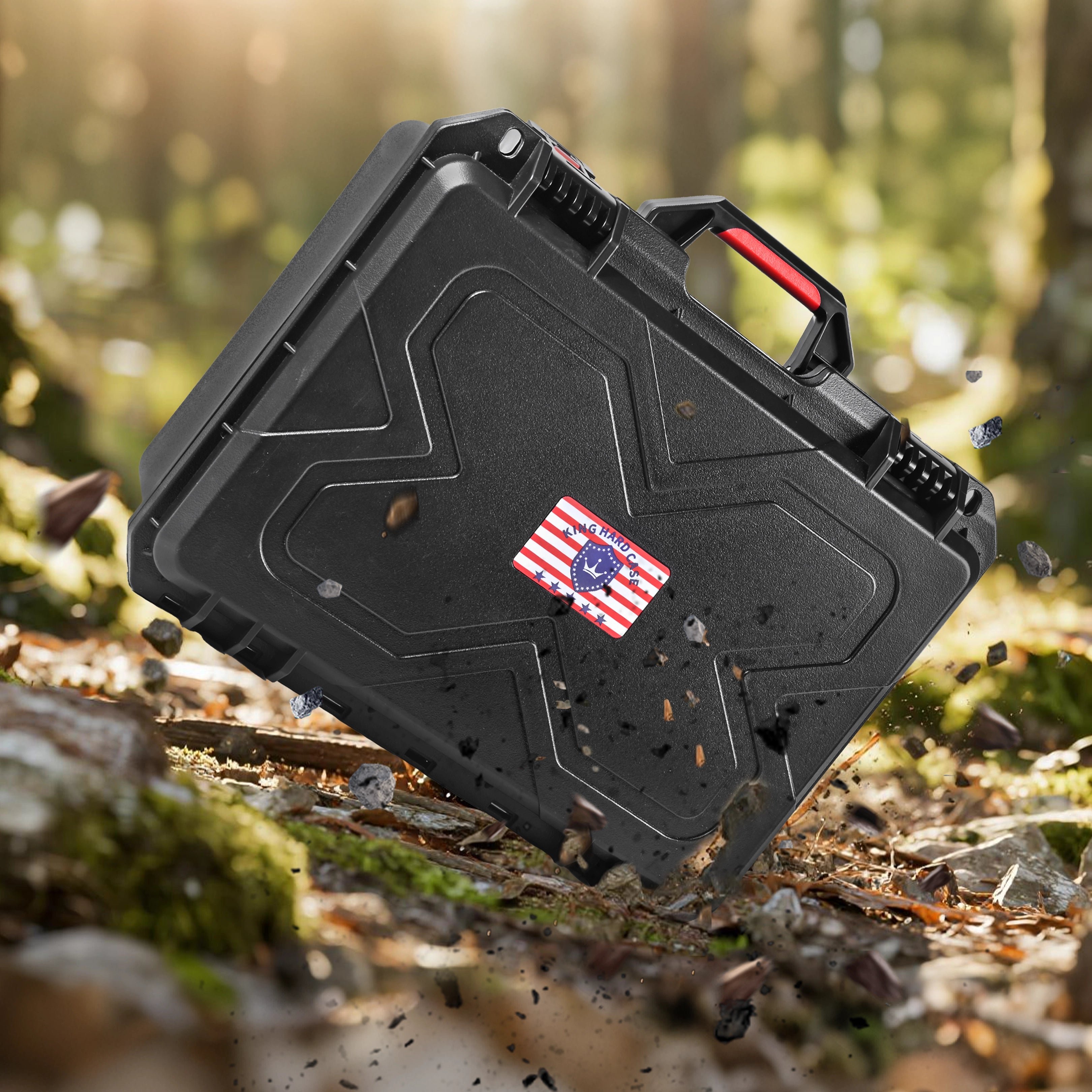 Outdoor lifestyle shot of the wear-resistant 16-inch pistol case on forest terrain, highlighting its reliable anti-collision and shockproof protection.