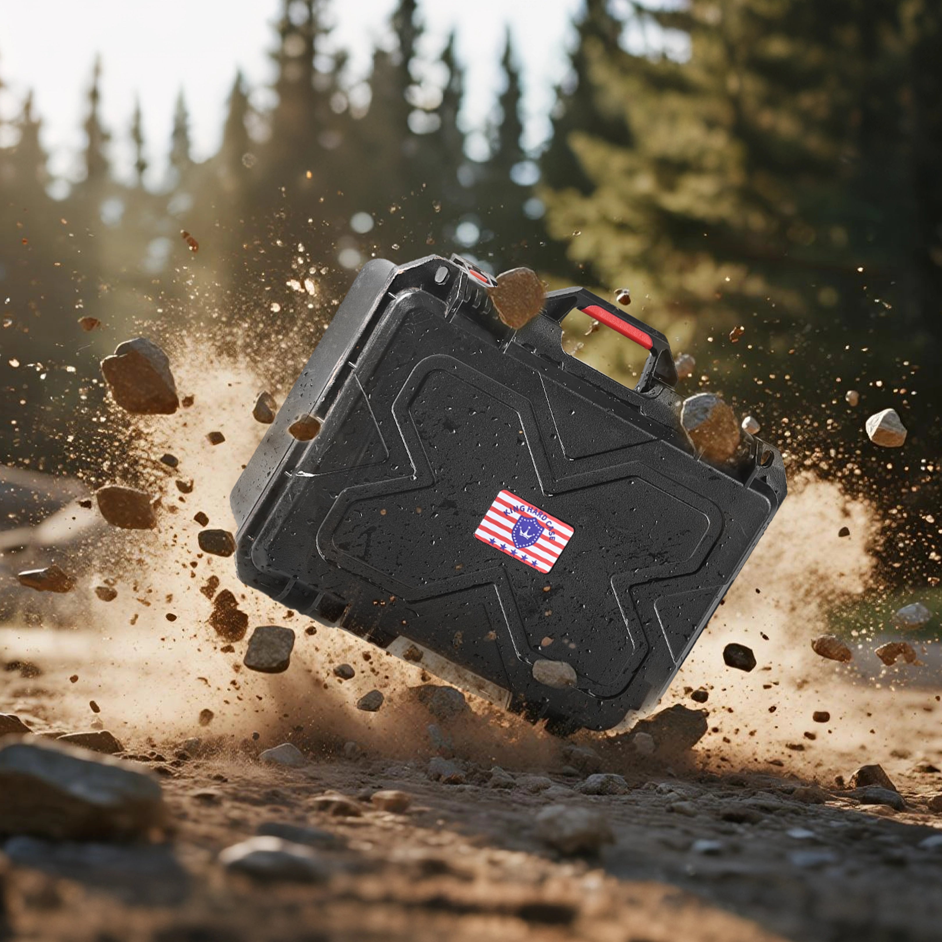 Shockproof and wear-resistant 16" pistol case outdoors, demonstrating IP67 waterproof and rugged protection.