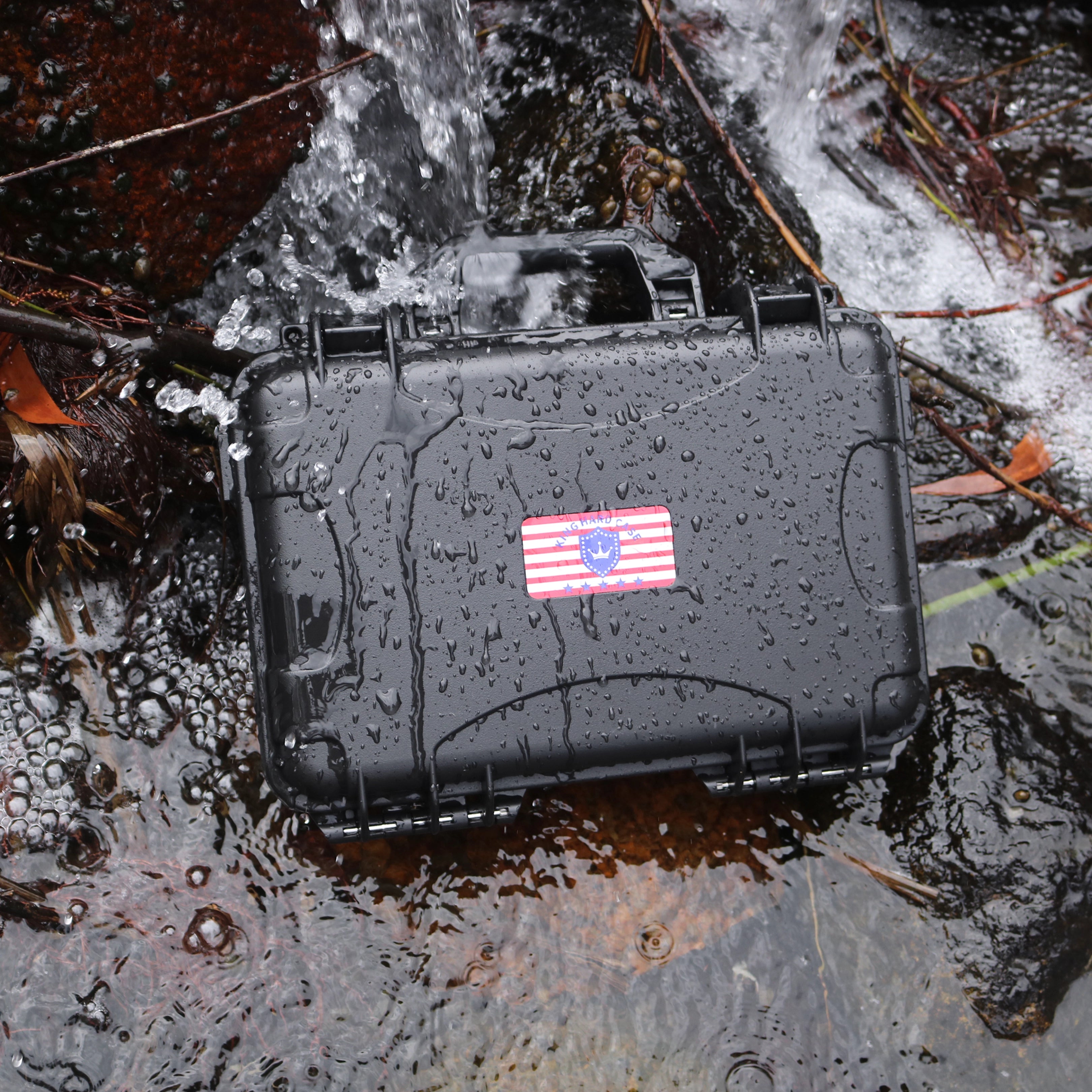 The IP67 waterproof 13-inch ammo storage case sitting in a stream, demonstrating its thickened waterproof rubber ring seal in outdoor conditions.