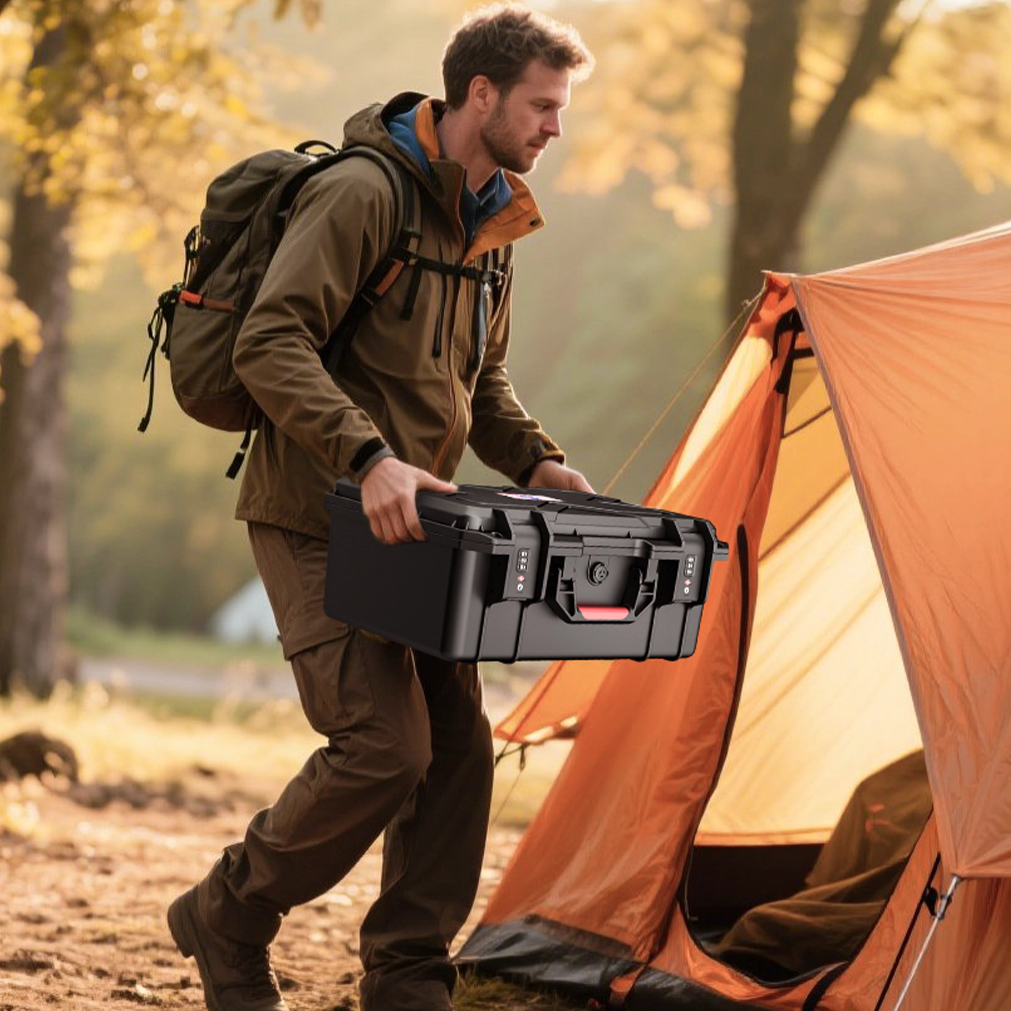 Rugged outdoor demonstration of the wear-resistant 16-inch pistol case, highlighting its thickened waterproof rubber ring and reliable anti-collision protection.