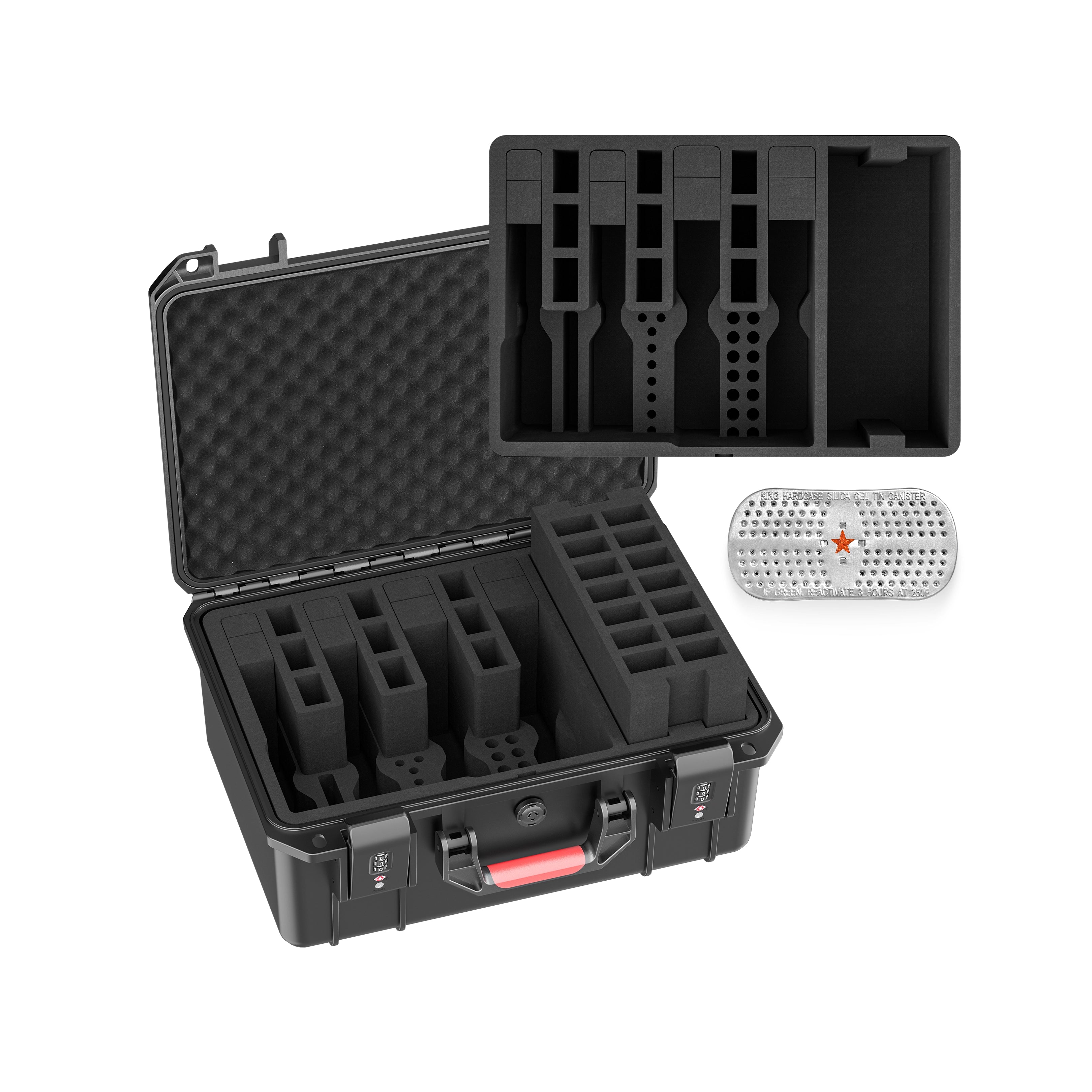 Close-up details of the tactical multi-storage case, showing the air pressure adjustment valve and the secure TSA-approved lock for air travel.
