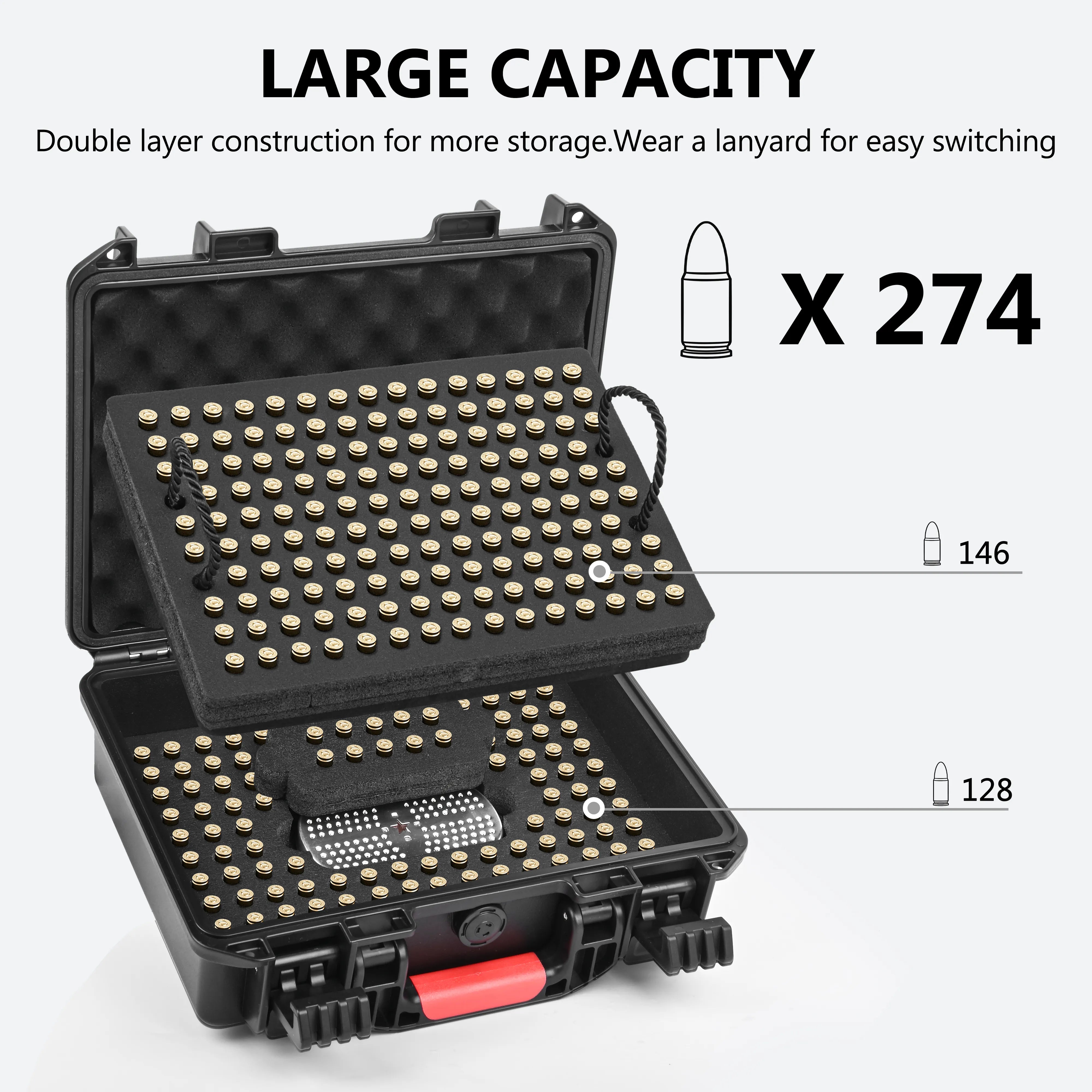 Large capacity waterproof ammo case designed to securely hold 274 rounds of 40 S&W ammunition.